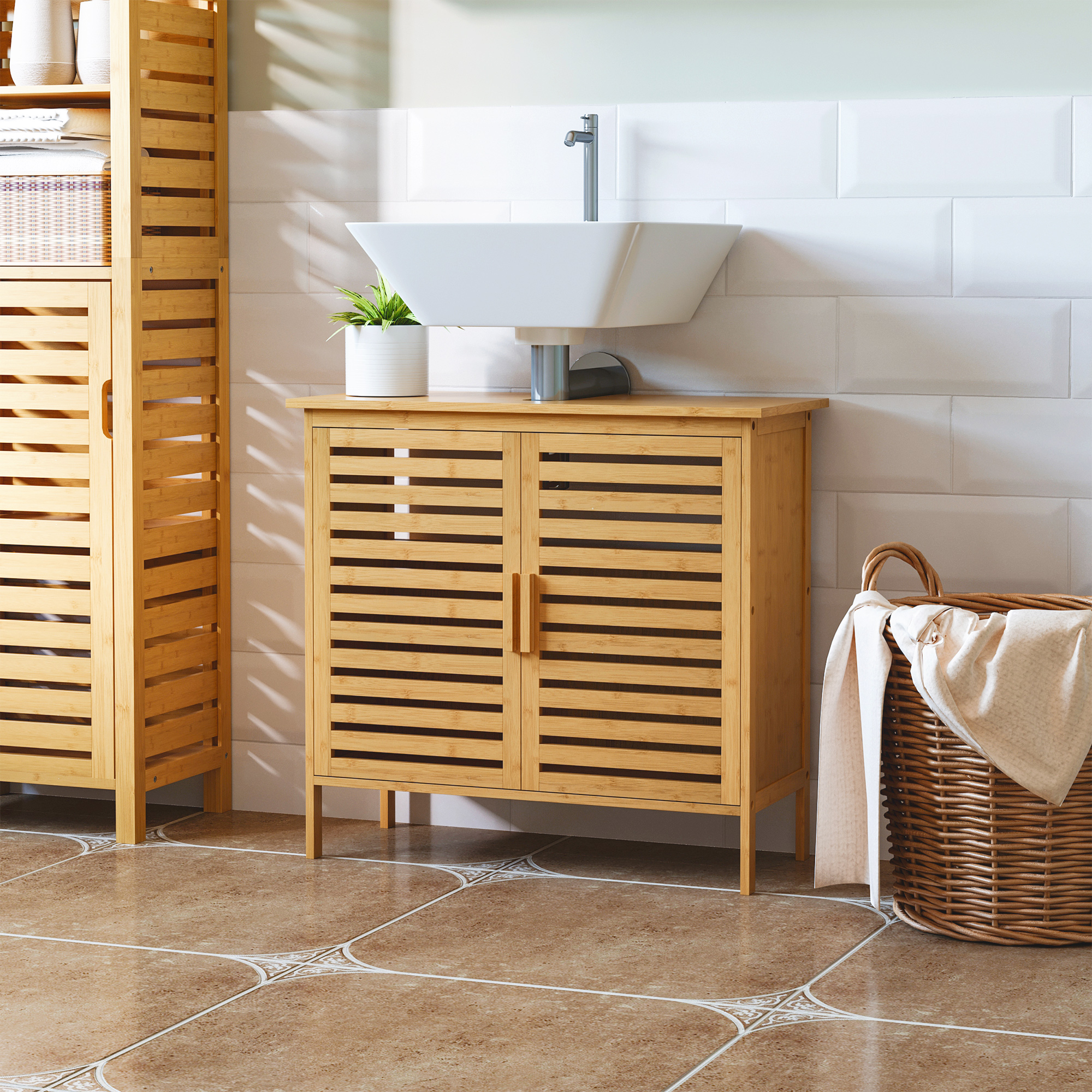  Freestanding Bathroom Sink Cabinet, Bamboo Under Sink Cabinet Cupboard Organizer with 2 Slatted Doors, Natural