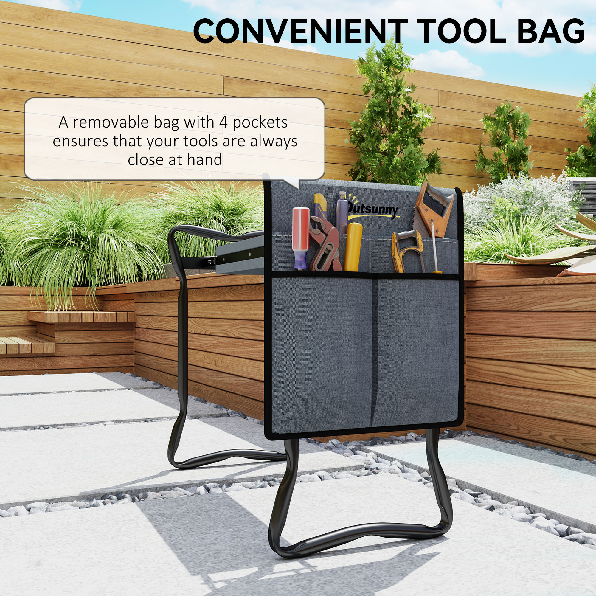 Steel frame garden kneeler with EVA foam pad and tool bag, shown in kneeling position