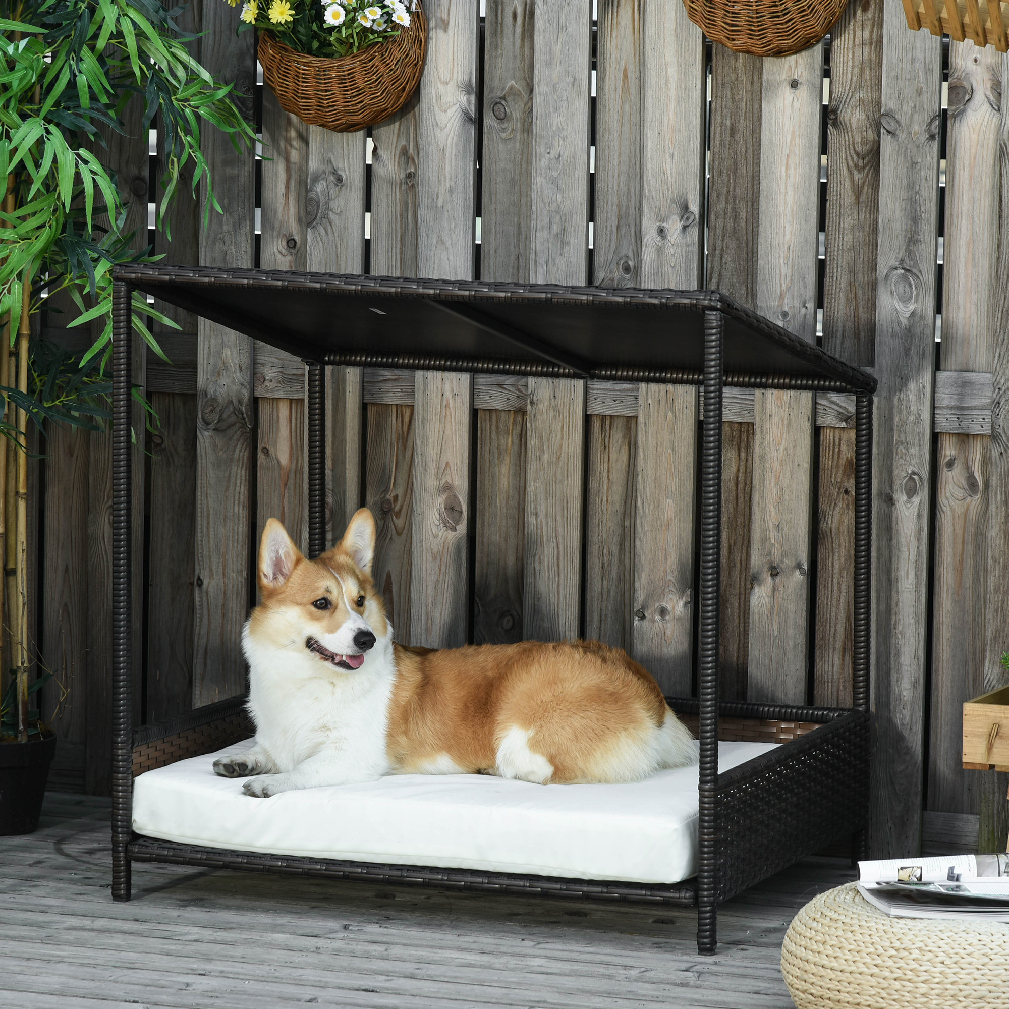  Wicker Dog House Raised Rattan Puppy Bed Cat Shelter for Indoor Outdoor Garden Patio Pet Sofa with Removable Cushion for Medium Sized Pet Brown