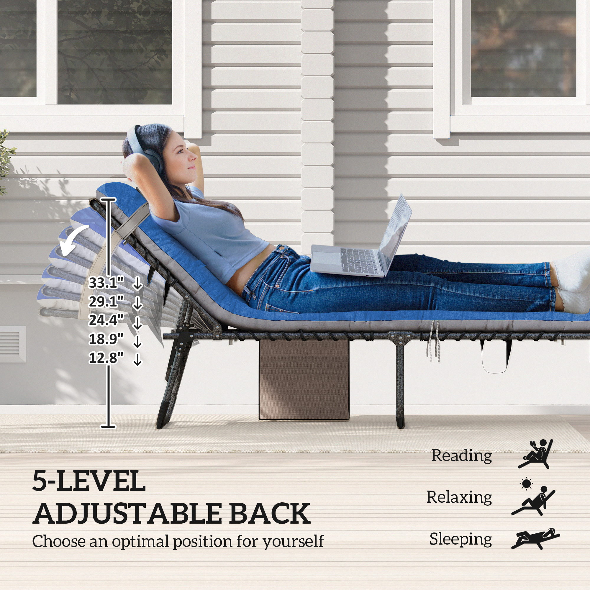Outdoor Chaise Lounge Chair Set of 2, 5-Level Adjustable Folding Pool Lounge Chairs with Cushions, Brown/Blue