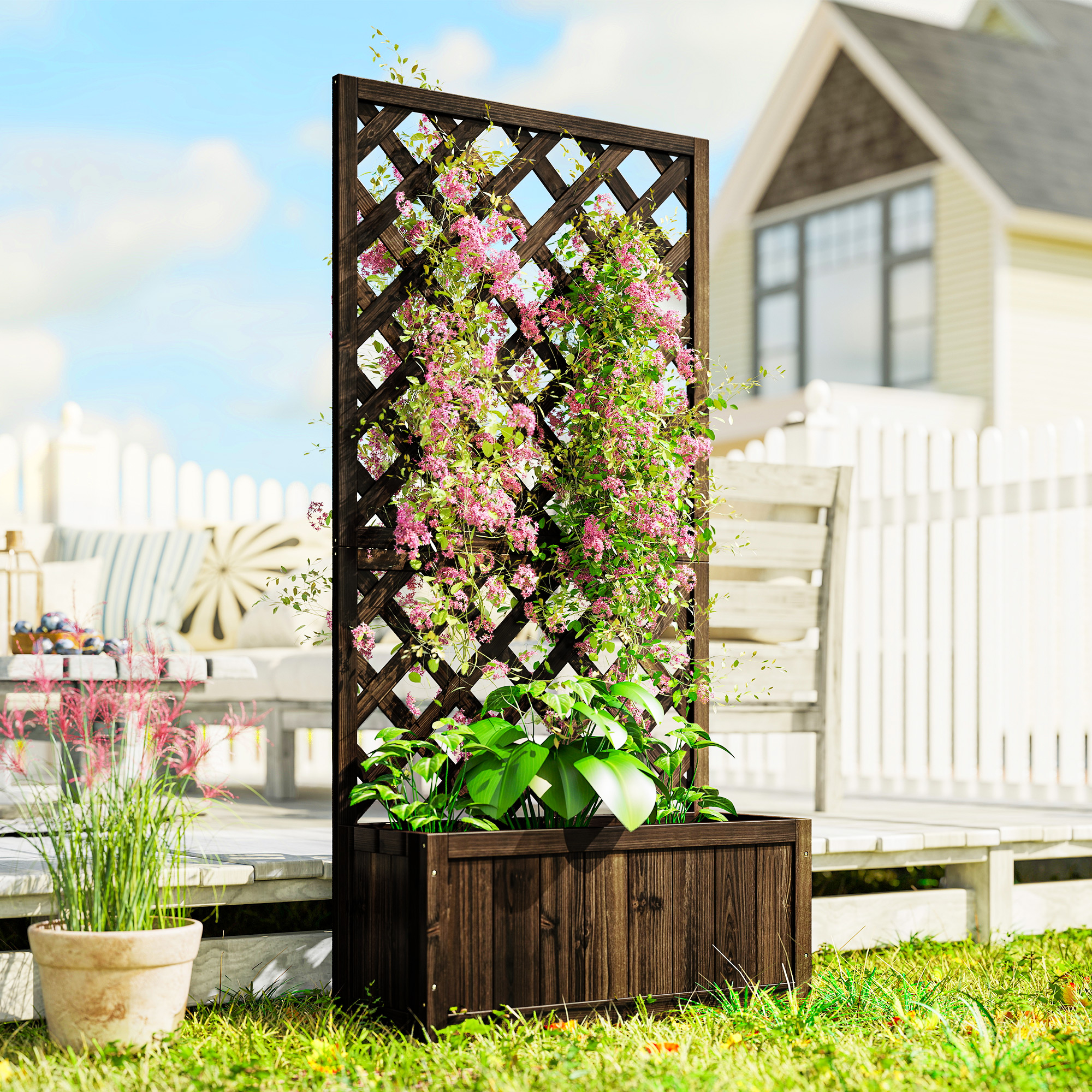 Wooden Raised Garden Bed with Trellis