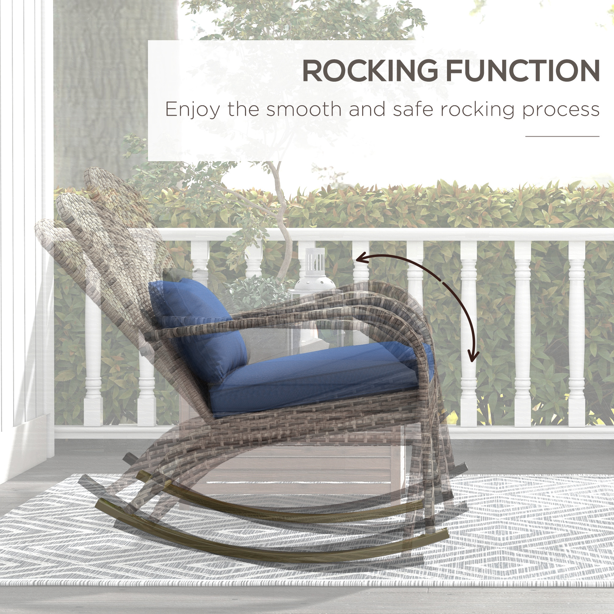  Adirondack Chair, Outdoor Wicker Rocking Chair with High Back, Seat Cushion, and Pillow for Porch, Balcony, Dark Blue