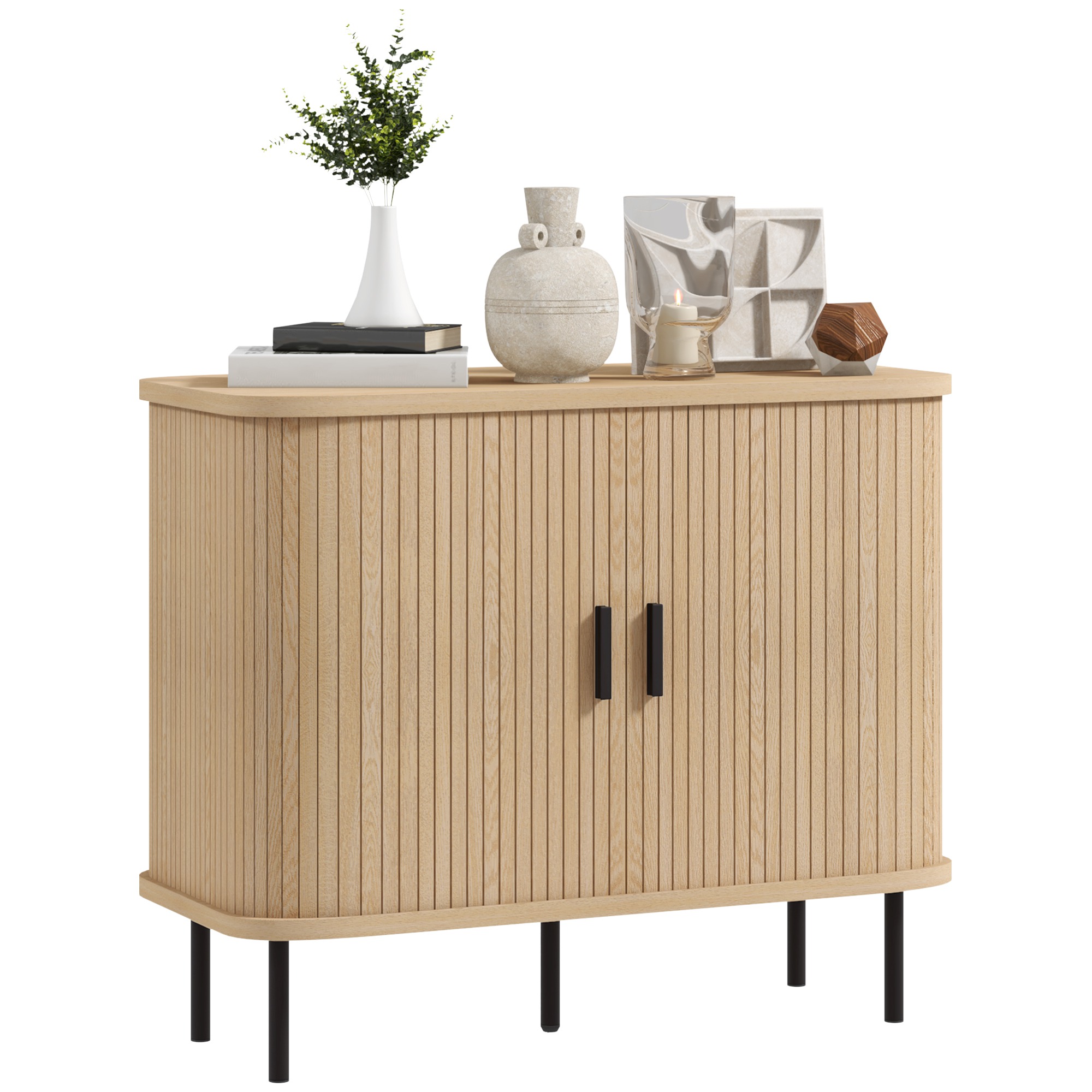 Mid-Century Modern Sideboard Storage Cabinet With Slatted Tambour Sliding — image 4