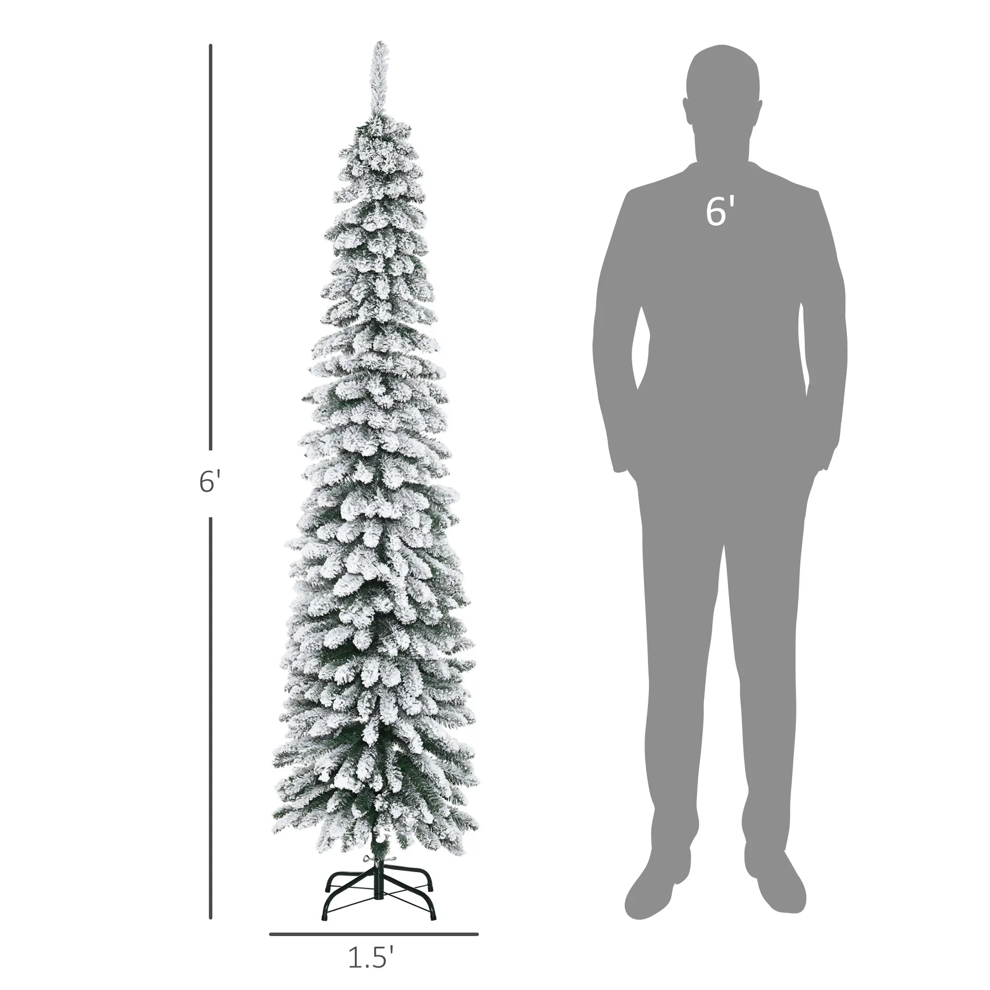 6 Tall Unlit Slim Pencil Xmas Tree, Snow Flocked Artificial Christmas Tree with Realistic Branches and 603 Tips, Green