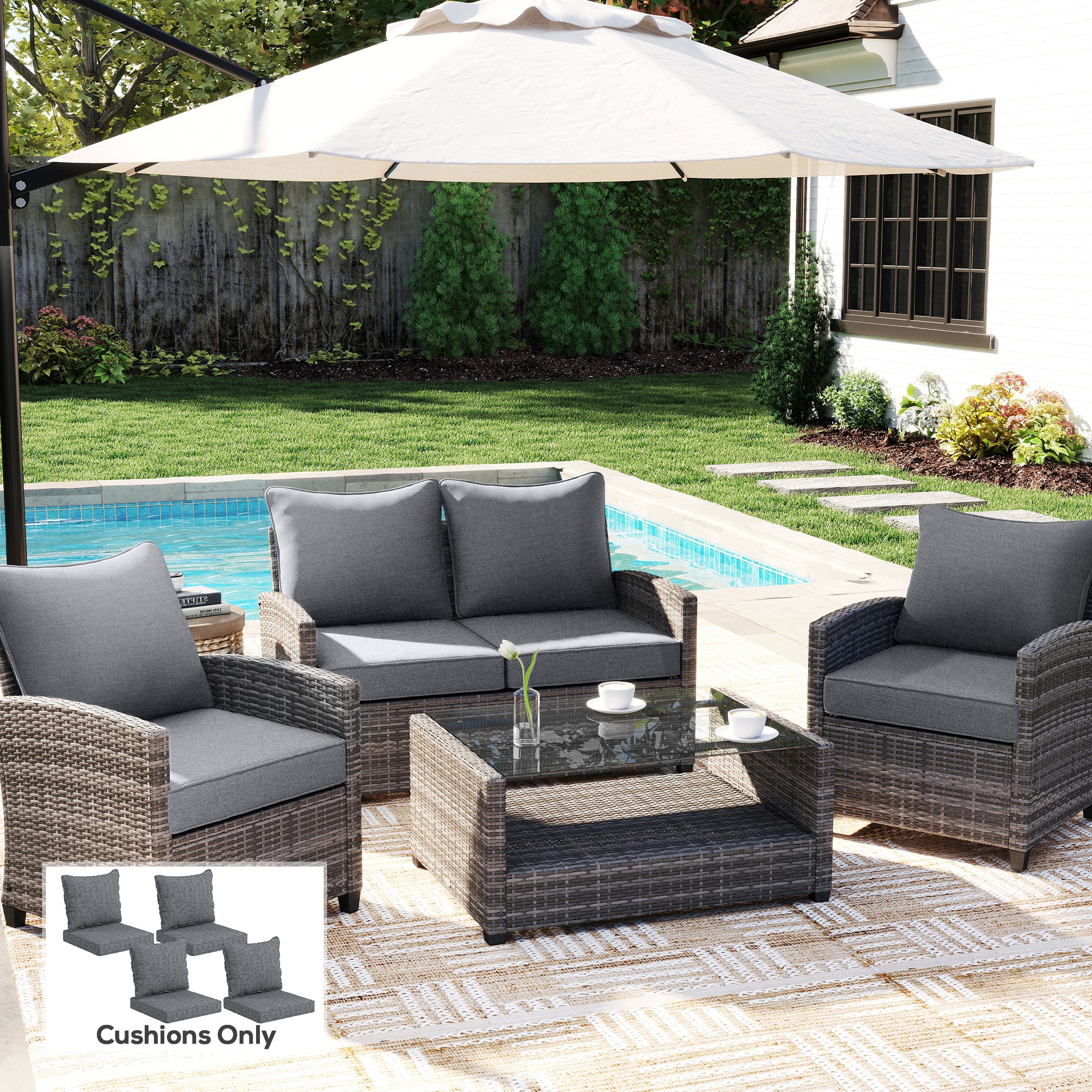 8 Patio Chair Cushions with Seat & Backrest, Fade Resistant Seat Replacement Cushion Set, Gray