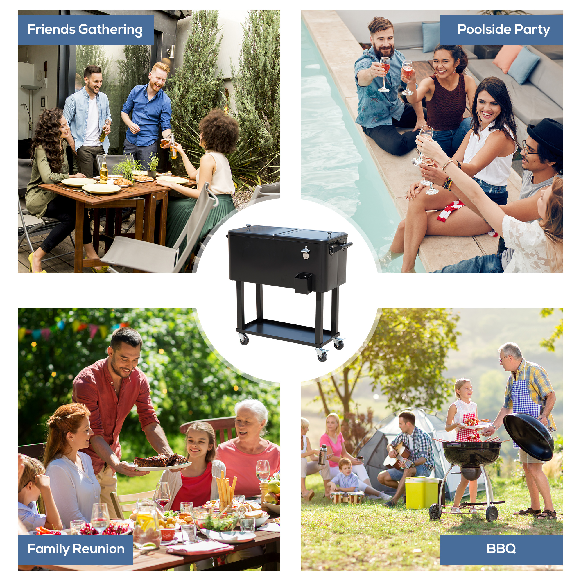  80 QT Rolling Cooling Bins Ice Chest on Wheels Outdoor Stand Up Drink Cooler Cart for Party, Black