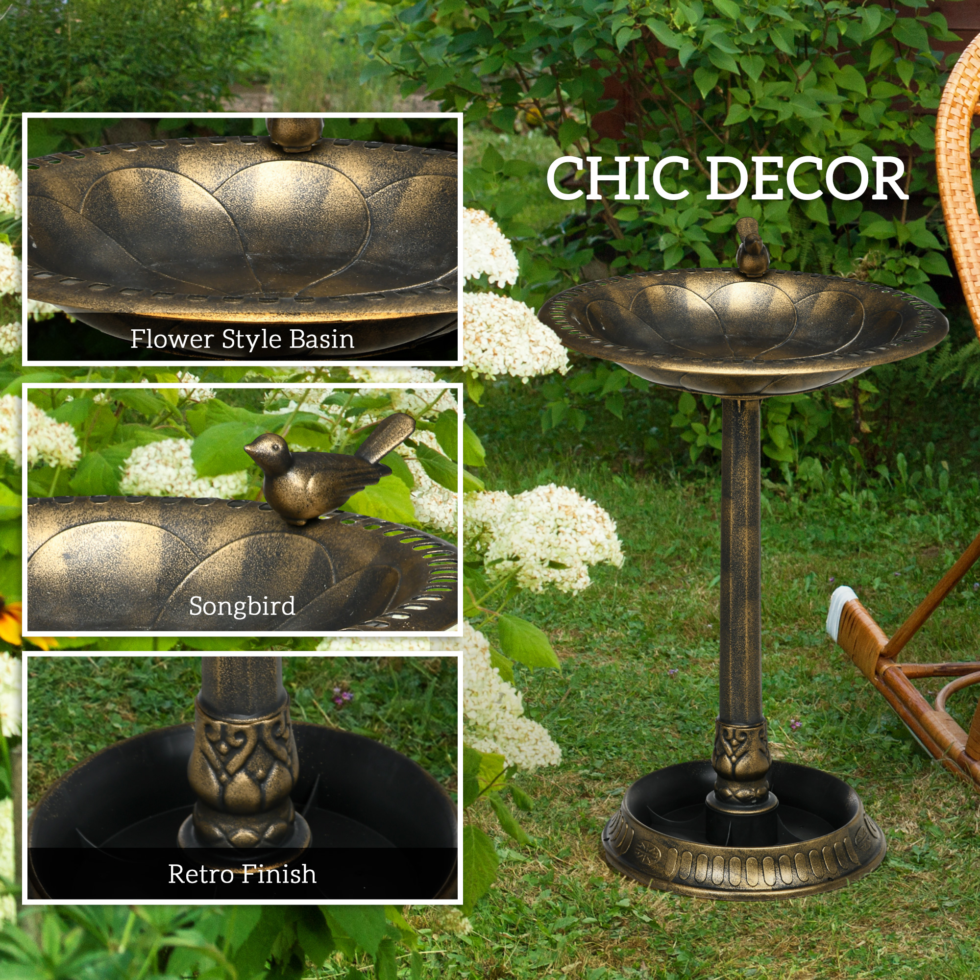  28" Antique Bird Bath Decorative Birdbath Bird Feeder Bowl with Planter Pedestal and Bird Statues, Bronze