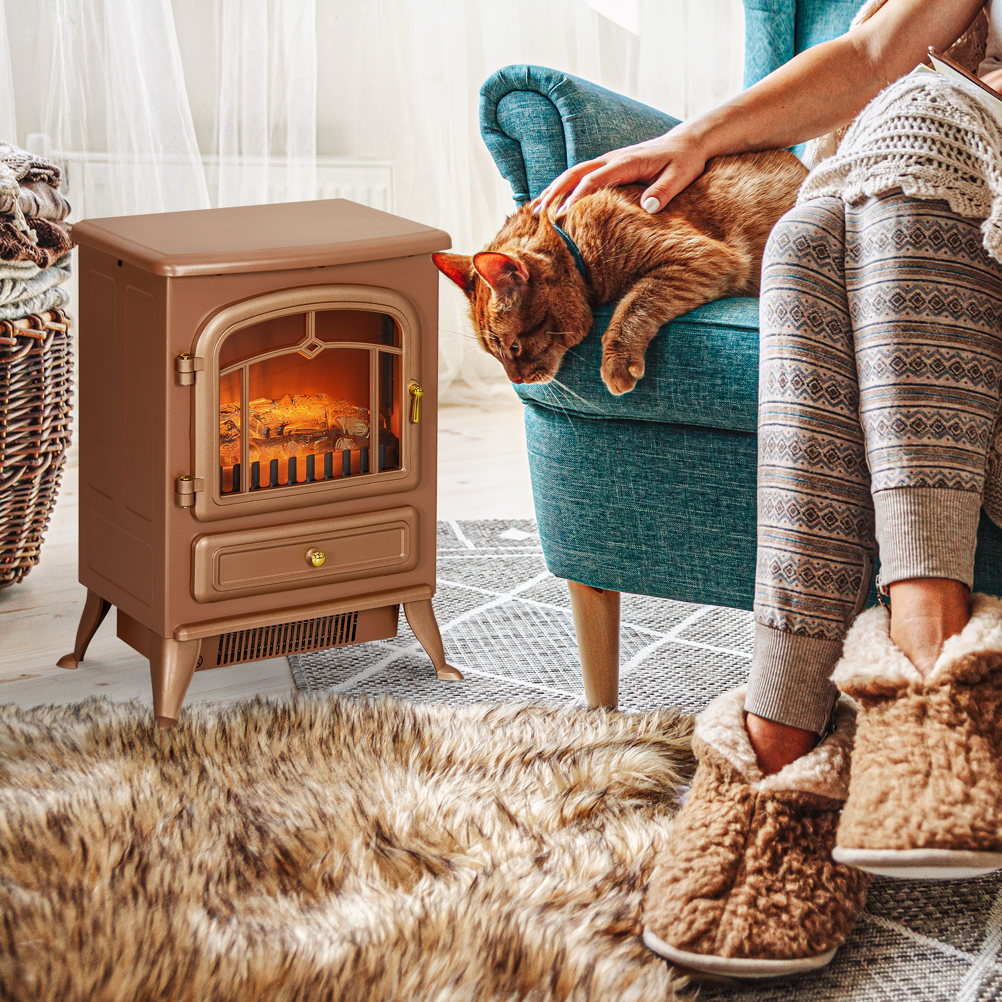  Fireplace Stove, Electric Fireplace Heater with Realistic LED Flames and Logs, 725W/1450W, Dark Brown