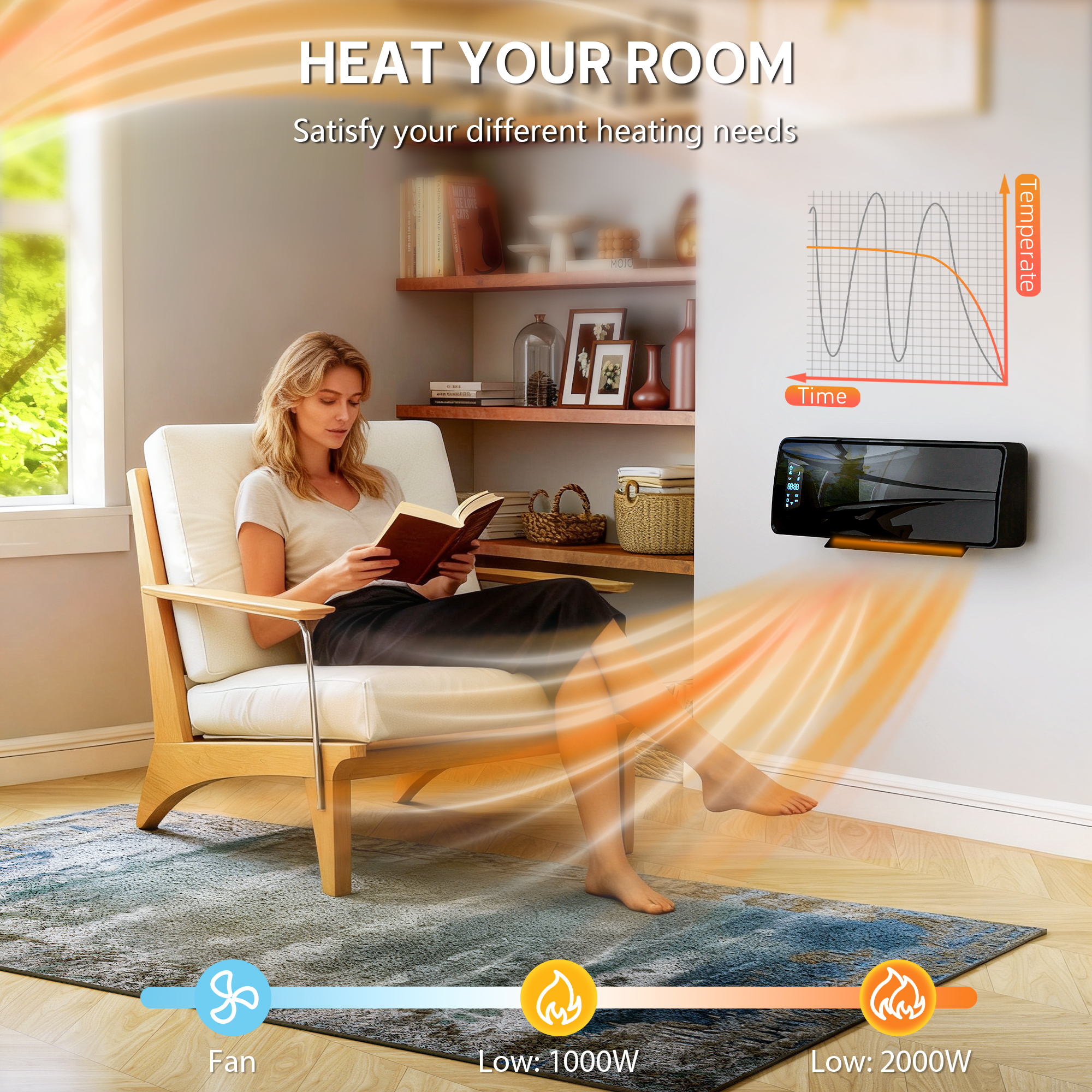 2000W Ceramic Electric Heater With Fan, Adjustable Thermostat, Wall Mounted — image 4