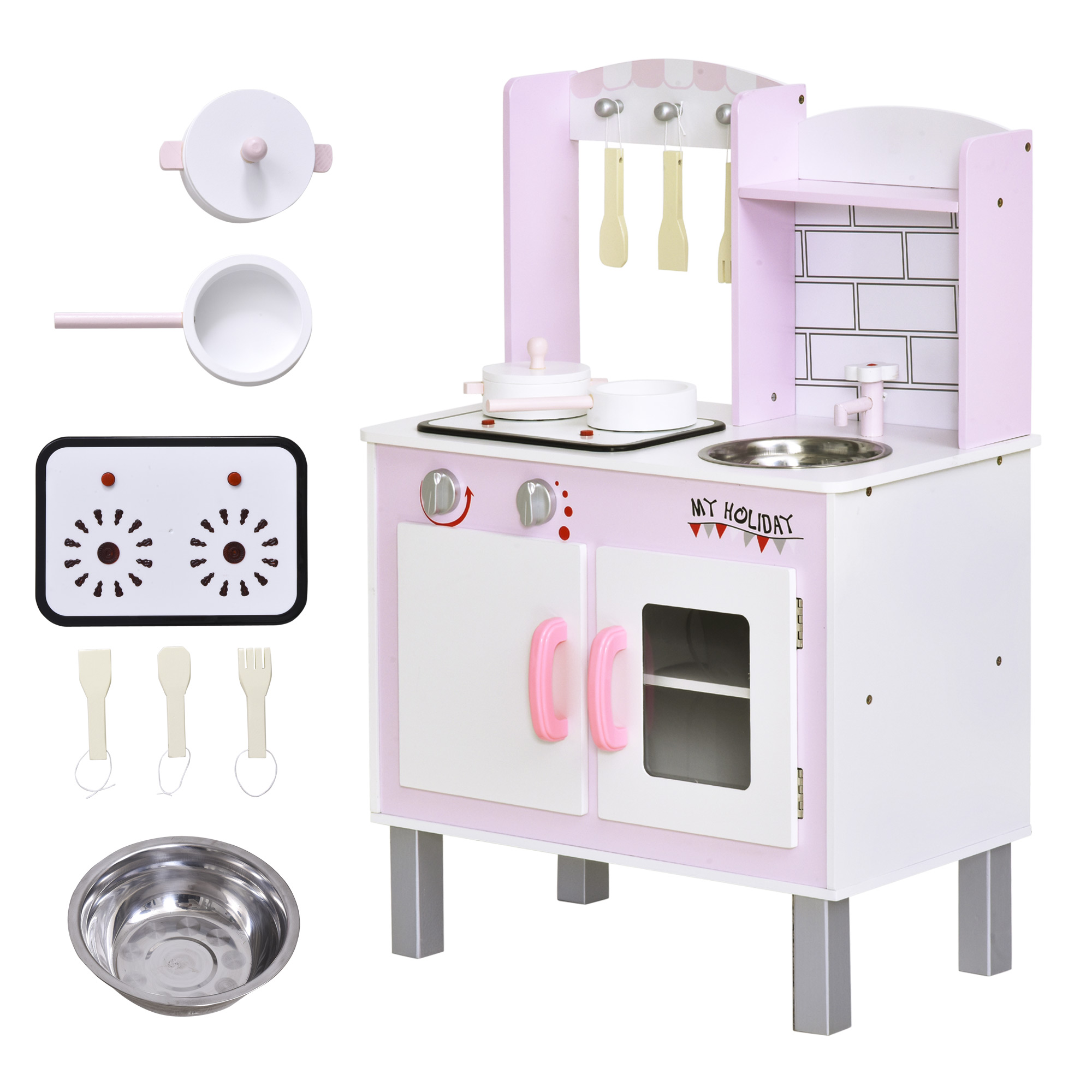 Kids Pretend Kitchen Playset W/ Cooking Toy Accessories - Pink - Image 1