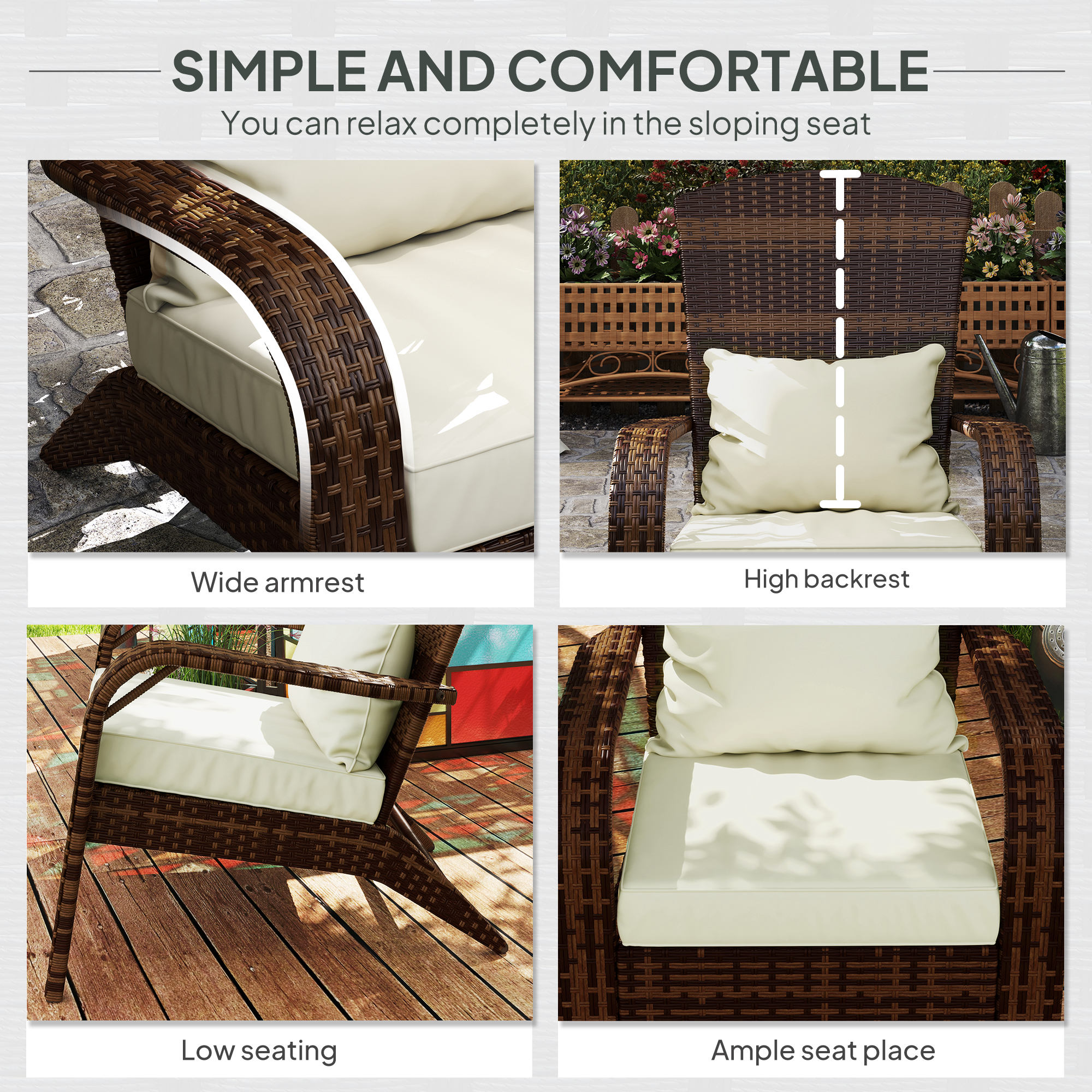Patio Adirondack Chair with Rattan Wicker, Soft Cushions, Tall Curved Backrest for Deck or Garden, Cream White