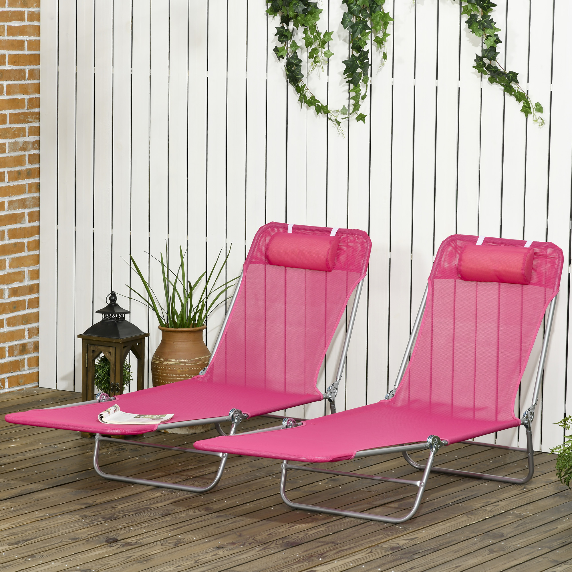 2 Piece Folding Chaise Lounge Chairs, Pool Sun Tanning Chairs with Reclining Back, Breathable Mesh Seat, Pink