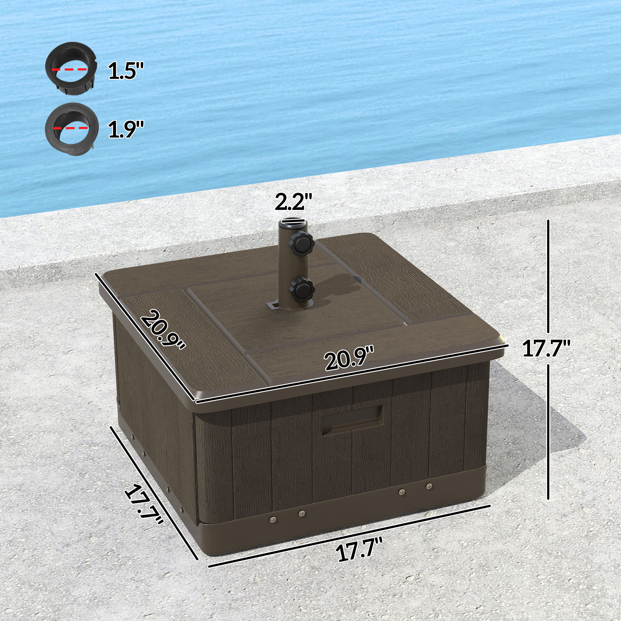 3-in-1 Outdoor Umbrella Base with Wheels and Handles, End Table, Flower Box Planter with Hole, 175 lbs. Capacity, Brown - Image 5