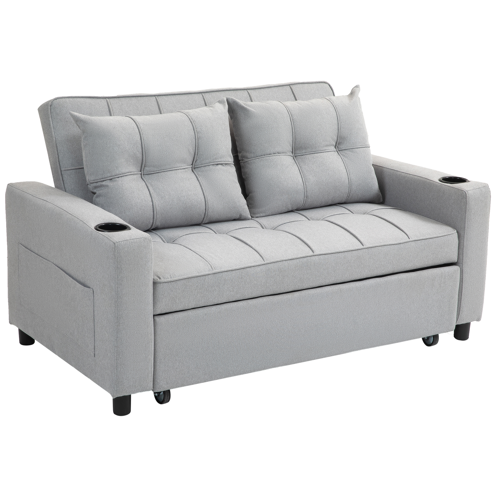 Light grey tufted 2-seater pull-out sofa bed with cup holders in both arms
