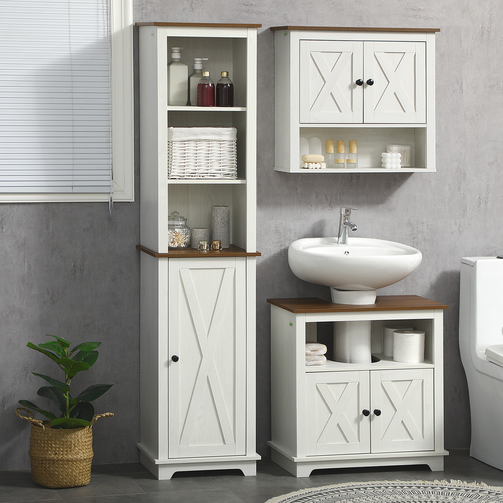  Farmhouse Bathroom Cabinet, Tall Storage Cabinet with Door and Adjustable Shelves, 15.5" x 11.75" x 63", White