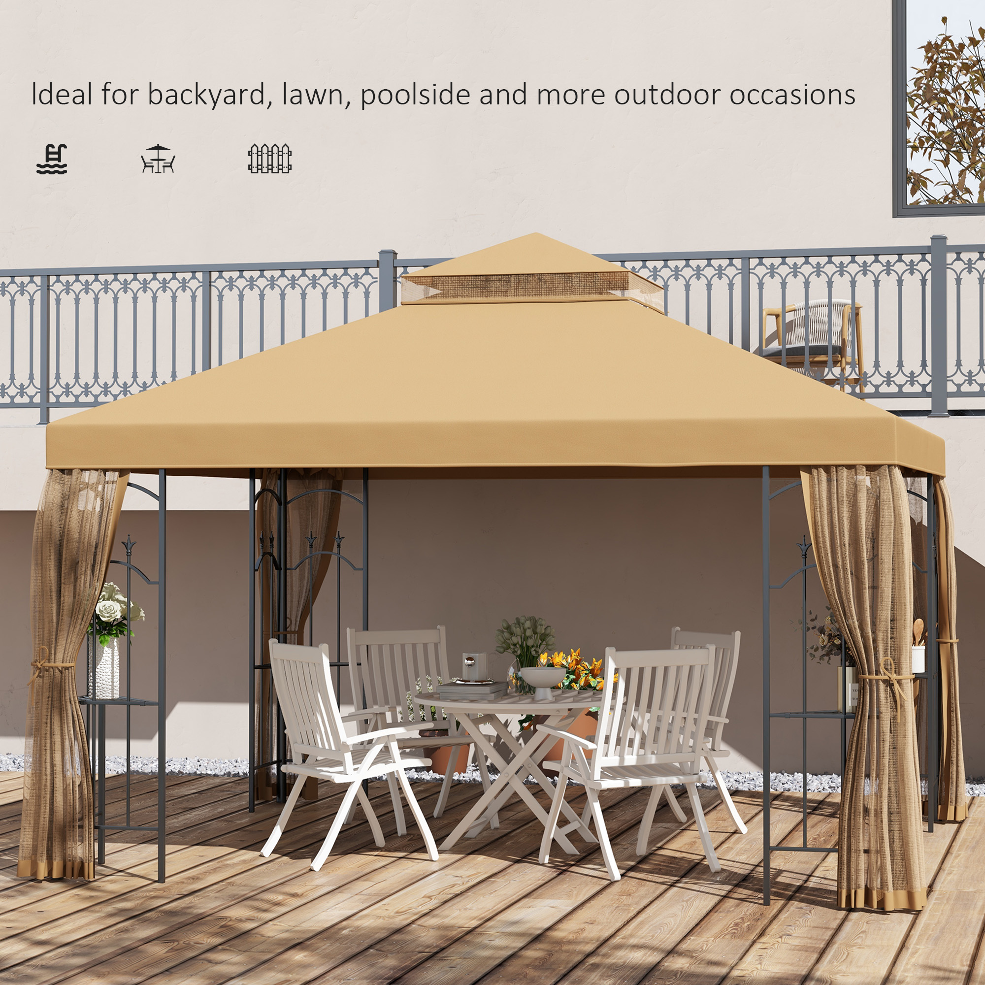 10′ x 12′ Patio Gazebo with Corner Frame Shelves, Double Roof Outdoor Gazebo Canopy Shelter with Netting, Brown