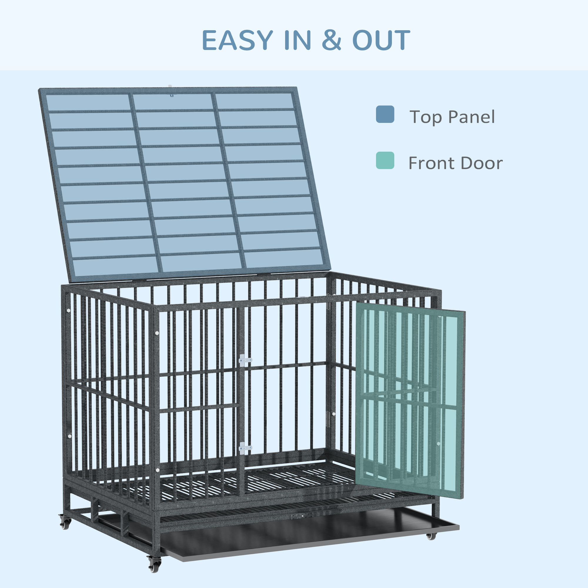  43" Heavy Duty Dog Crate Metal Cage Kennel with Lockable Wheels, Double Door and Removable Tray, Gray