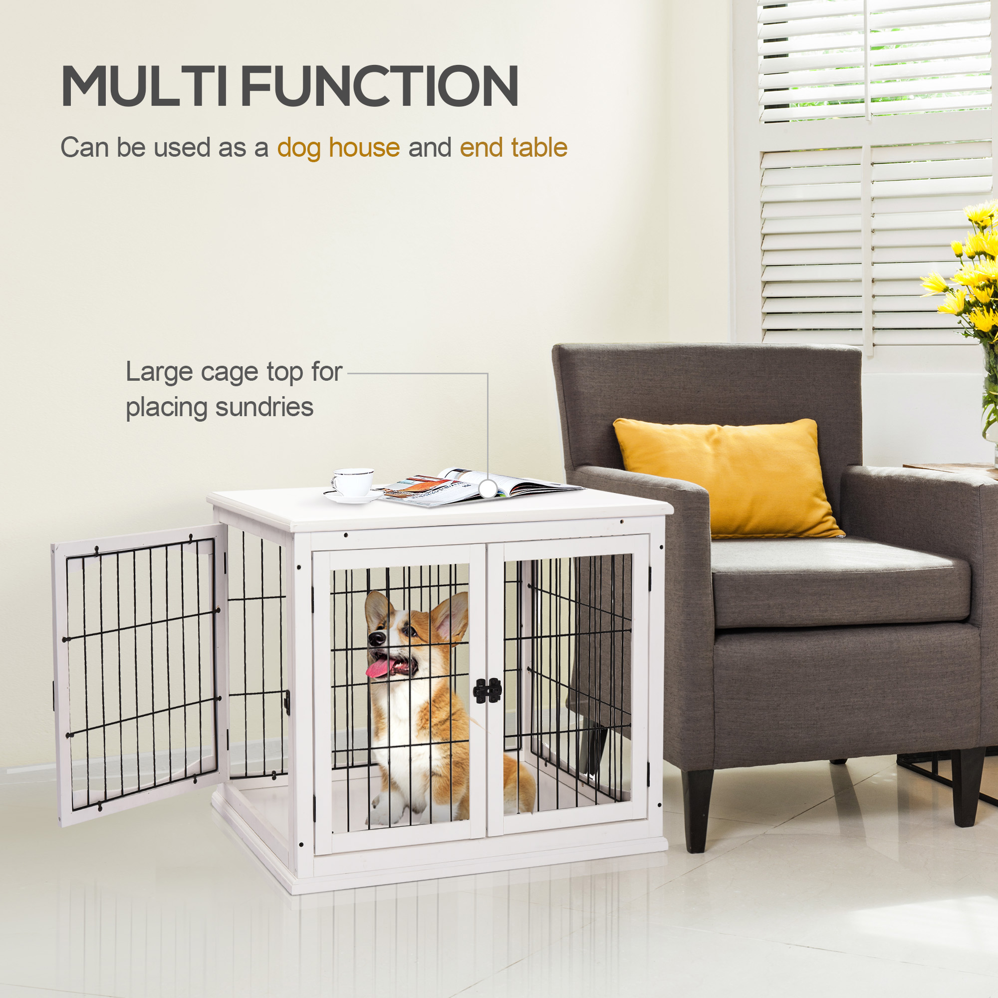  Dog Crate Furniture, 32" Small Dog Cage End Table with 2 Doors, Lockable Door, Puppy Kennel Indoor, White