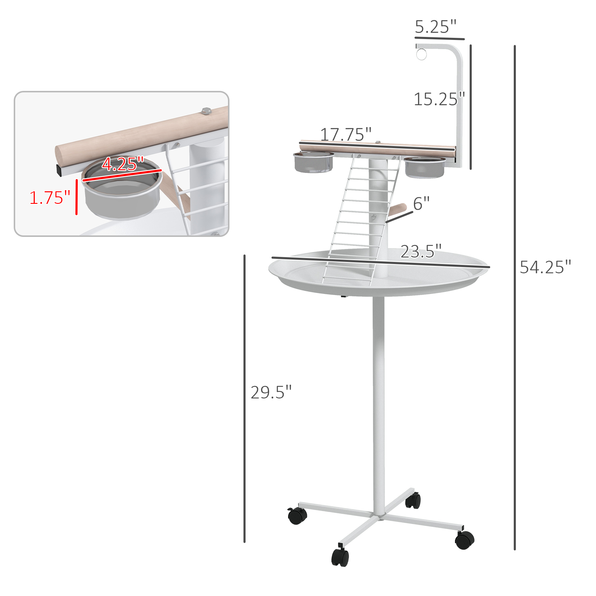  Bird Stand with Wheels, Perches, Feed Bowls, Round Tray for Parrot