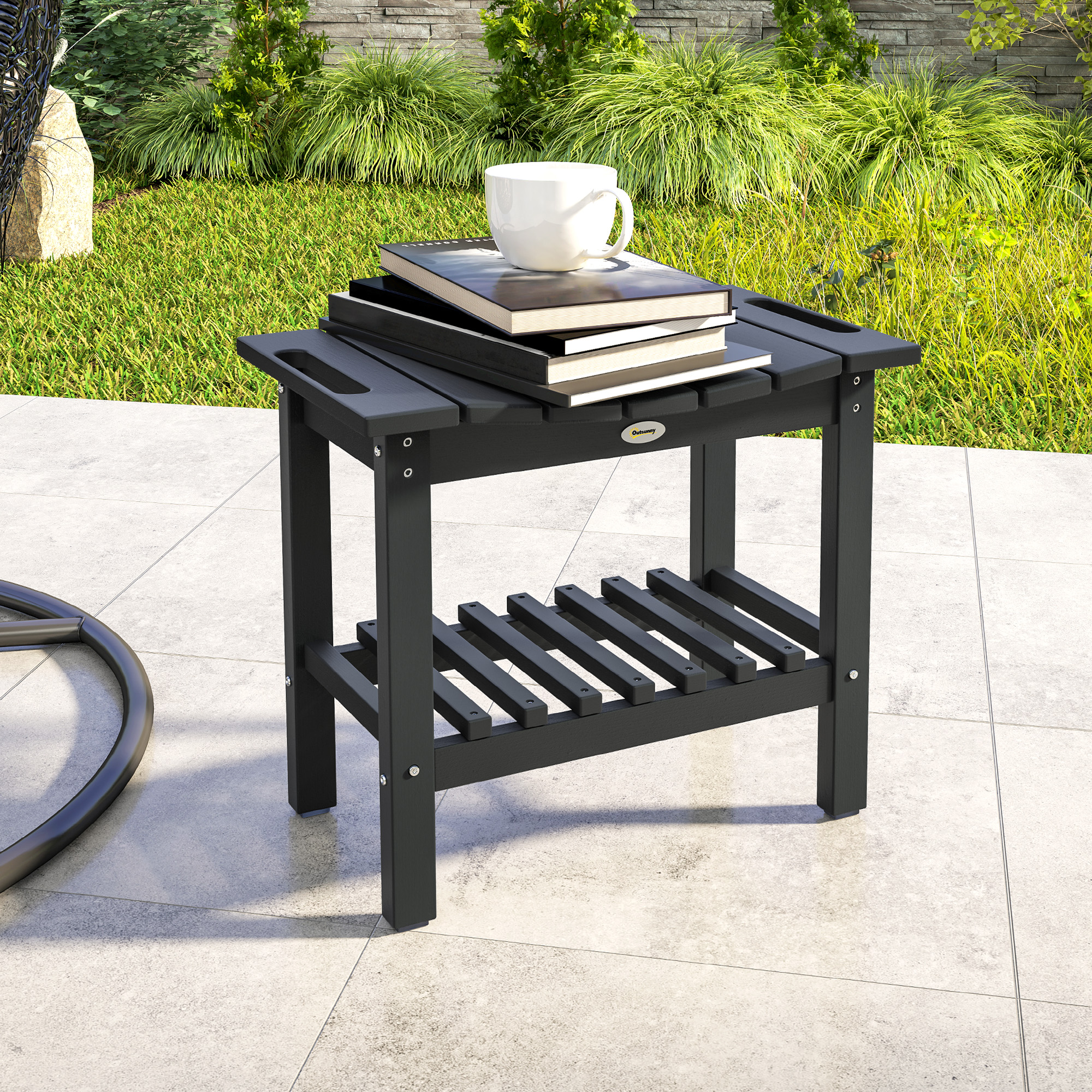  HDPE Shower Bench, Waterproof Shower Stool with Handle, Storage Shelf, Non-Slip Pads for Indoor Outdoor, Black