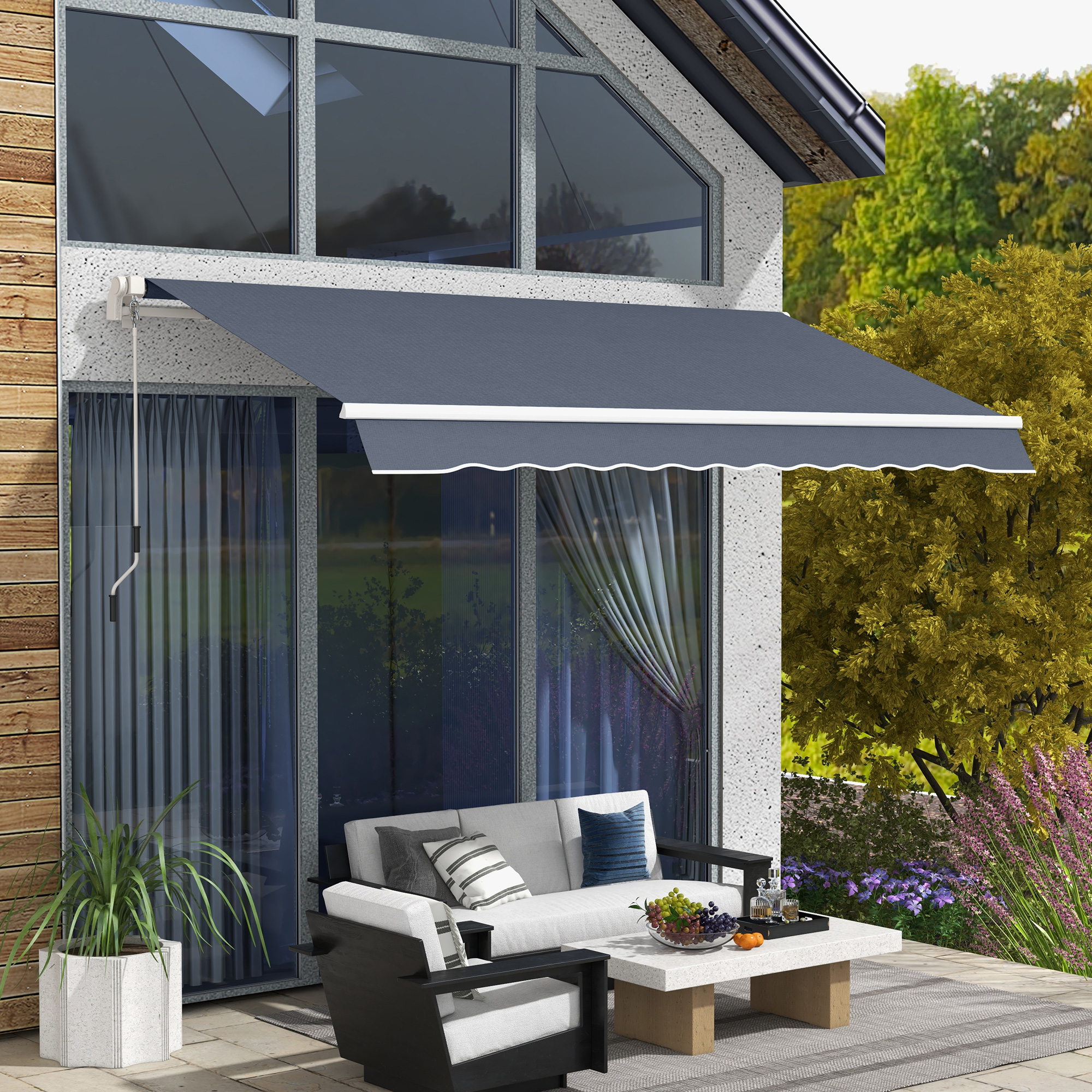 12′ x 8′ Patio Awning, Canopy Retractable Sun Shade Shelter w/ Manual Crank Handle for Deck, Yard, Dark Gray