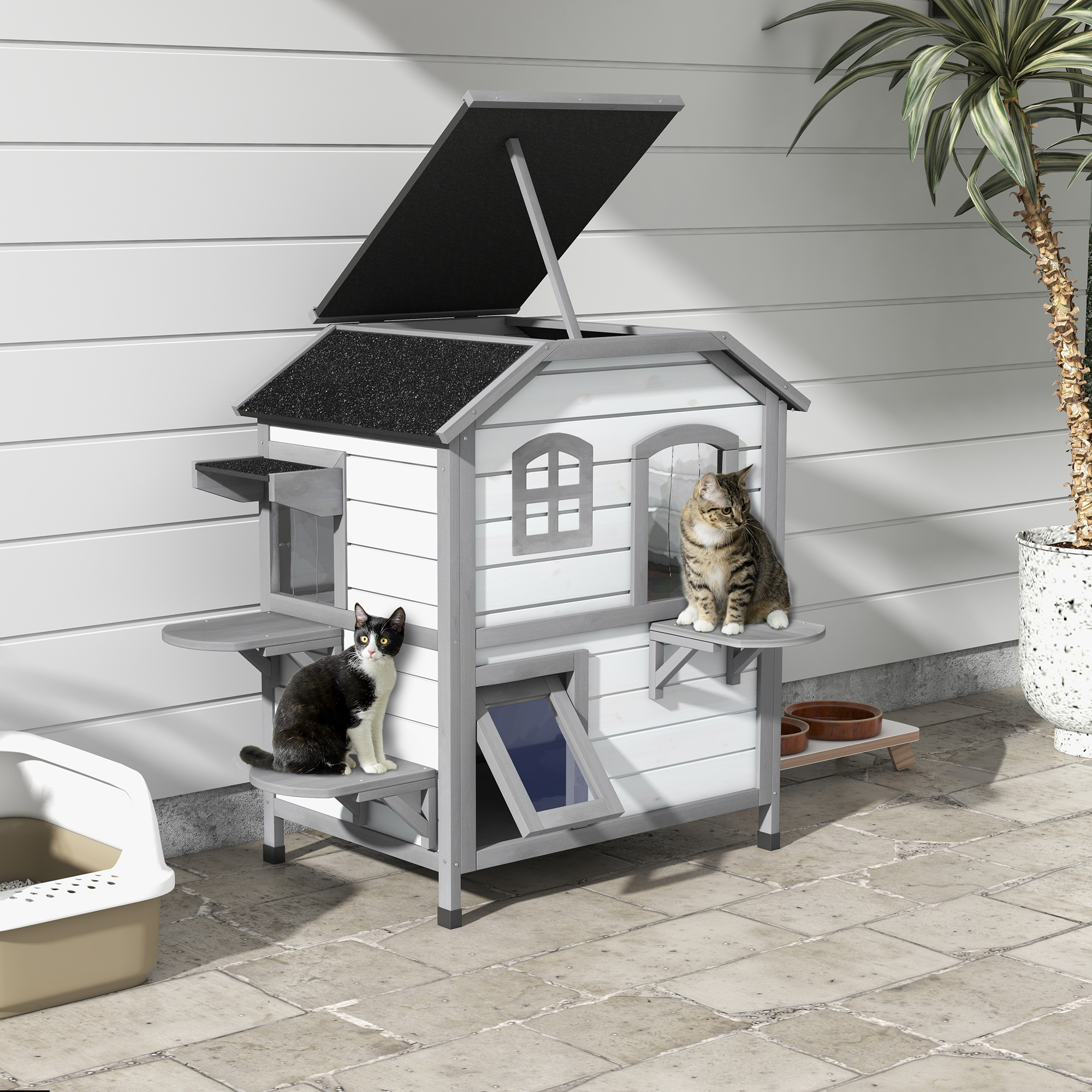  2-story Cat House Outdoor, Weatherproof Wooden Cat Enclosure for Feral Cats with Escape Door, Openable Roof, Jumping Platforms, White