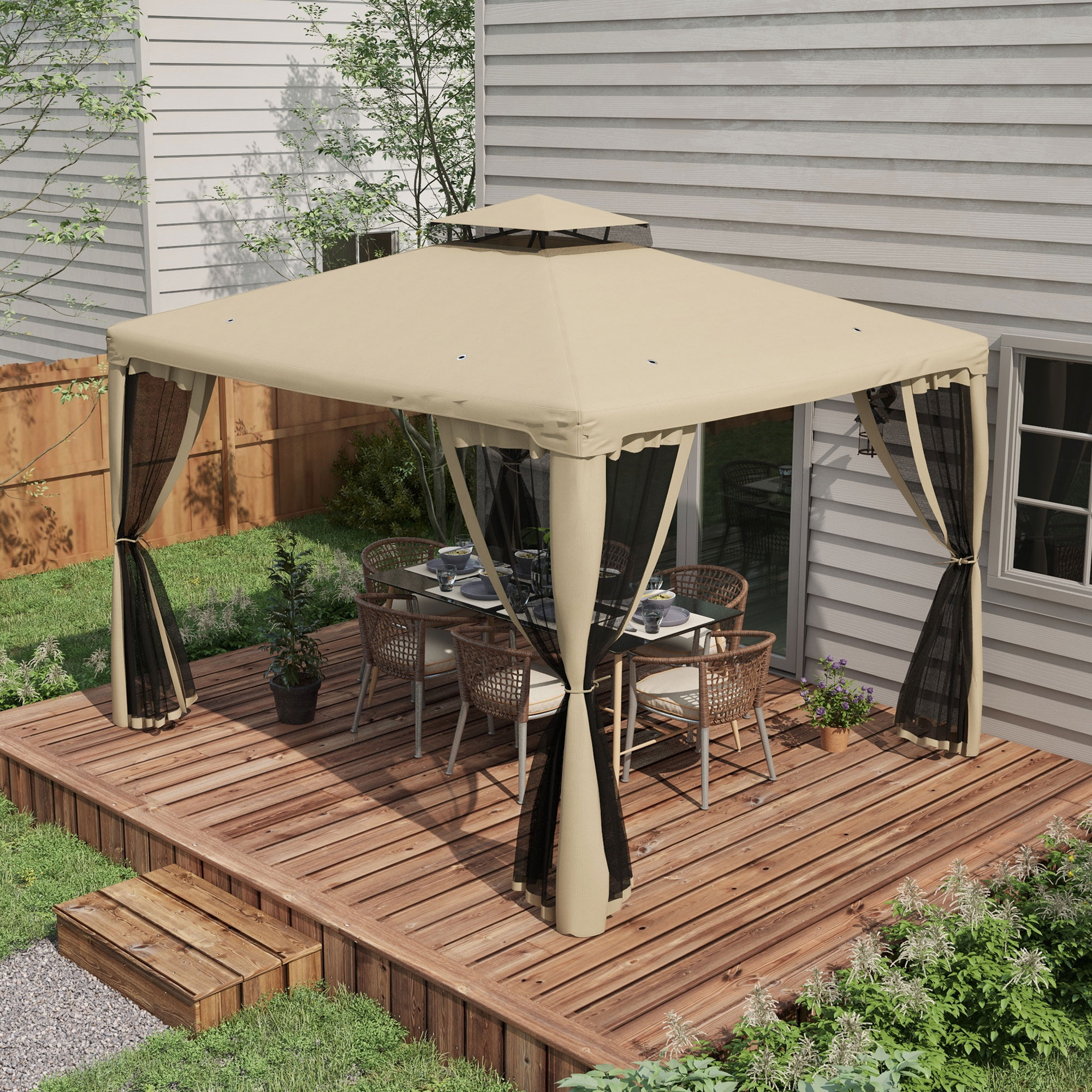 9.6 x 11.6 Patio Gazebo Outdoor Canopy Shelter with 2-Tier Roof and Netting, Steel Frame for Garden, Taupe
