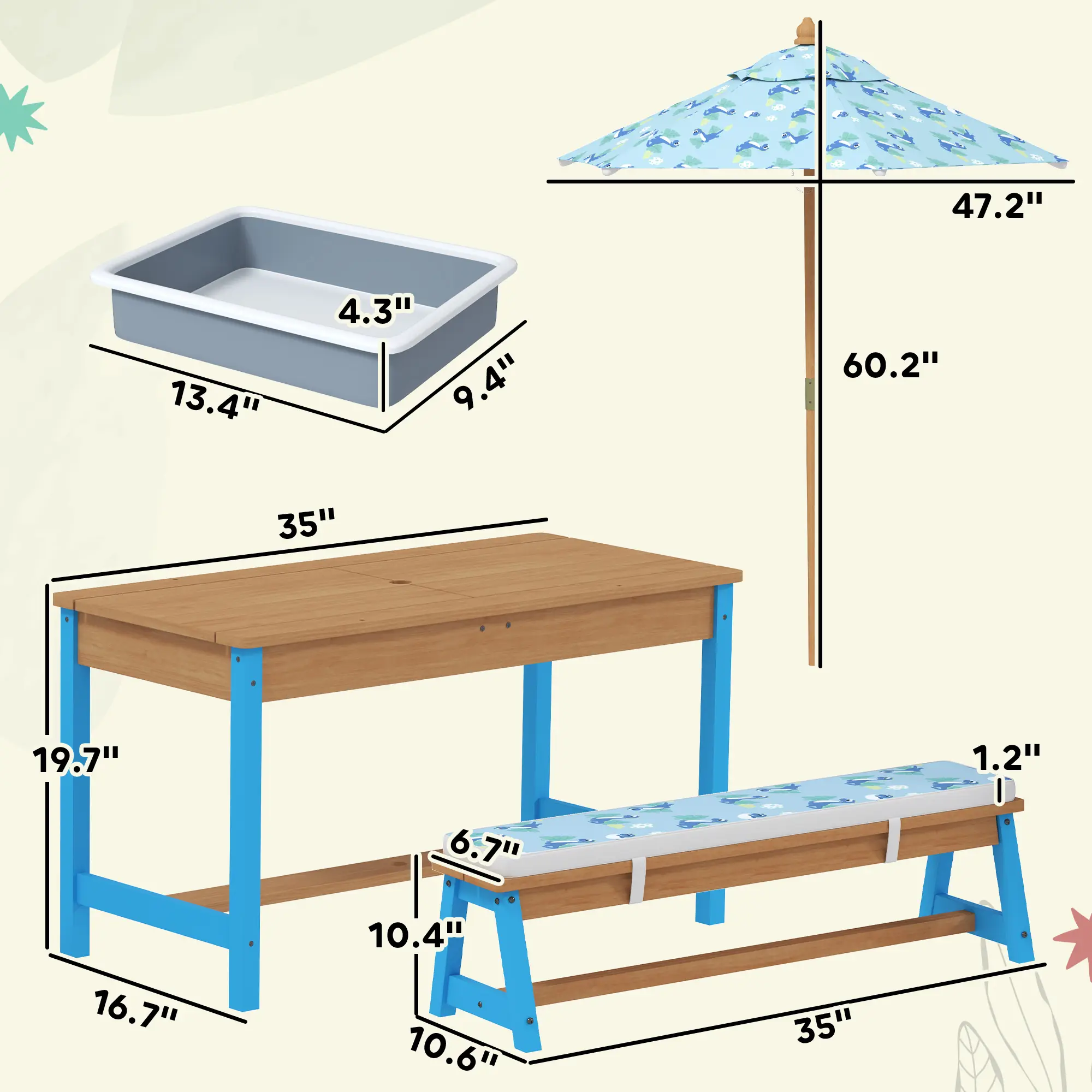 Kids Picnic Table Set with Foldable Umbrella, Removable Cushions & Boxes, Dinosaur Theme, Blue