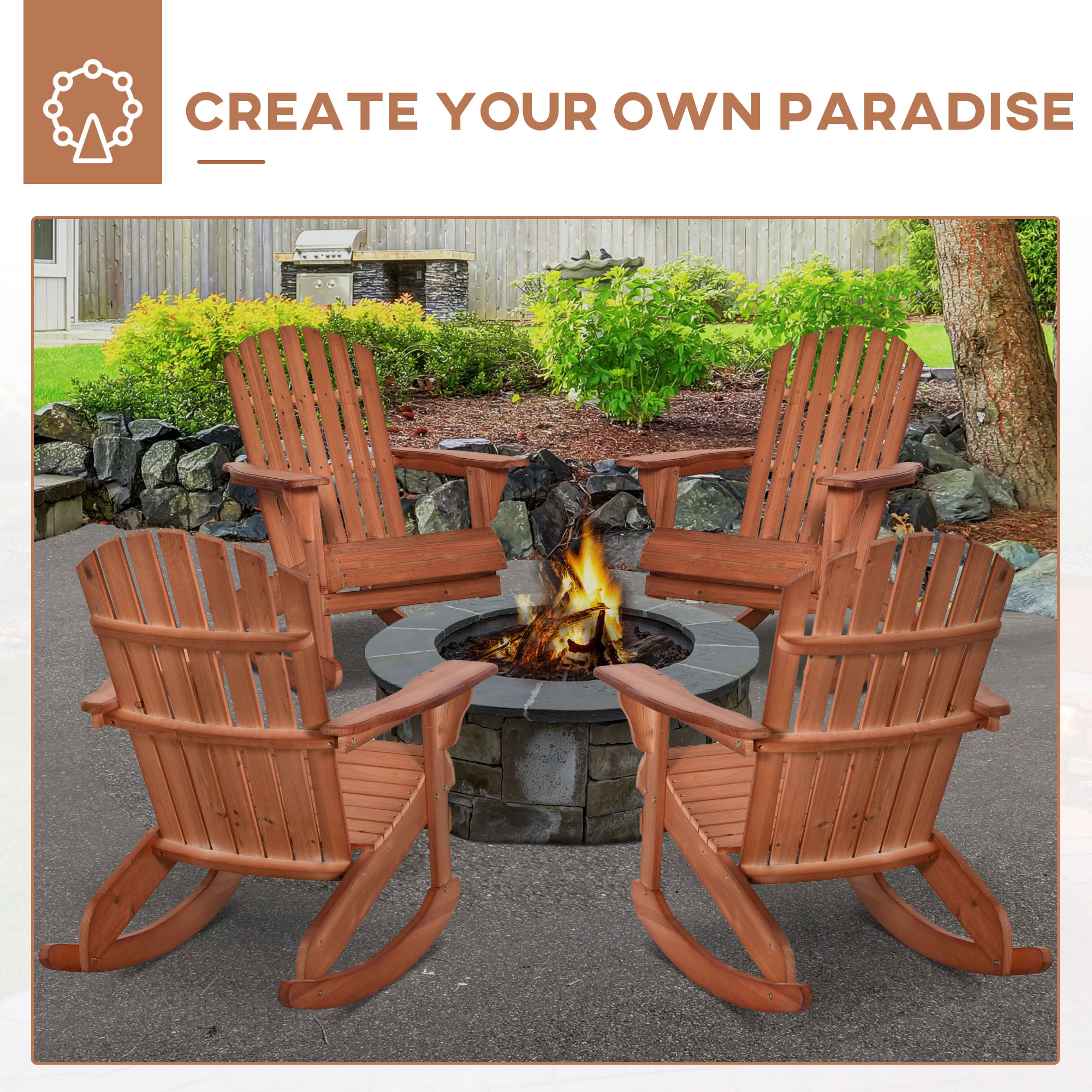  Adirondack Rocking Chair, with Slatted Wooden Design, Fanned Back, Ergonomic Armrests, & Classic Rustic Style, For Porch, Patio, Backyard, Teak