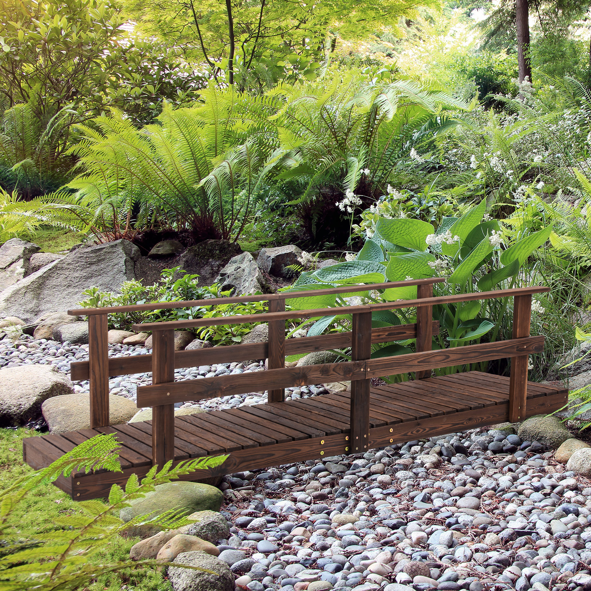 7 Garden Bridge with Pine Wood and Stained Finish for Backyard Ponds Creeks Streams Wood