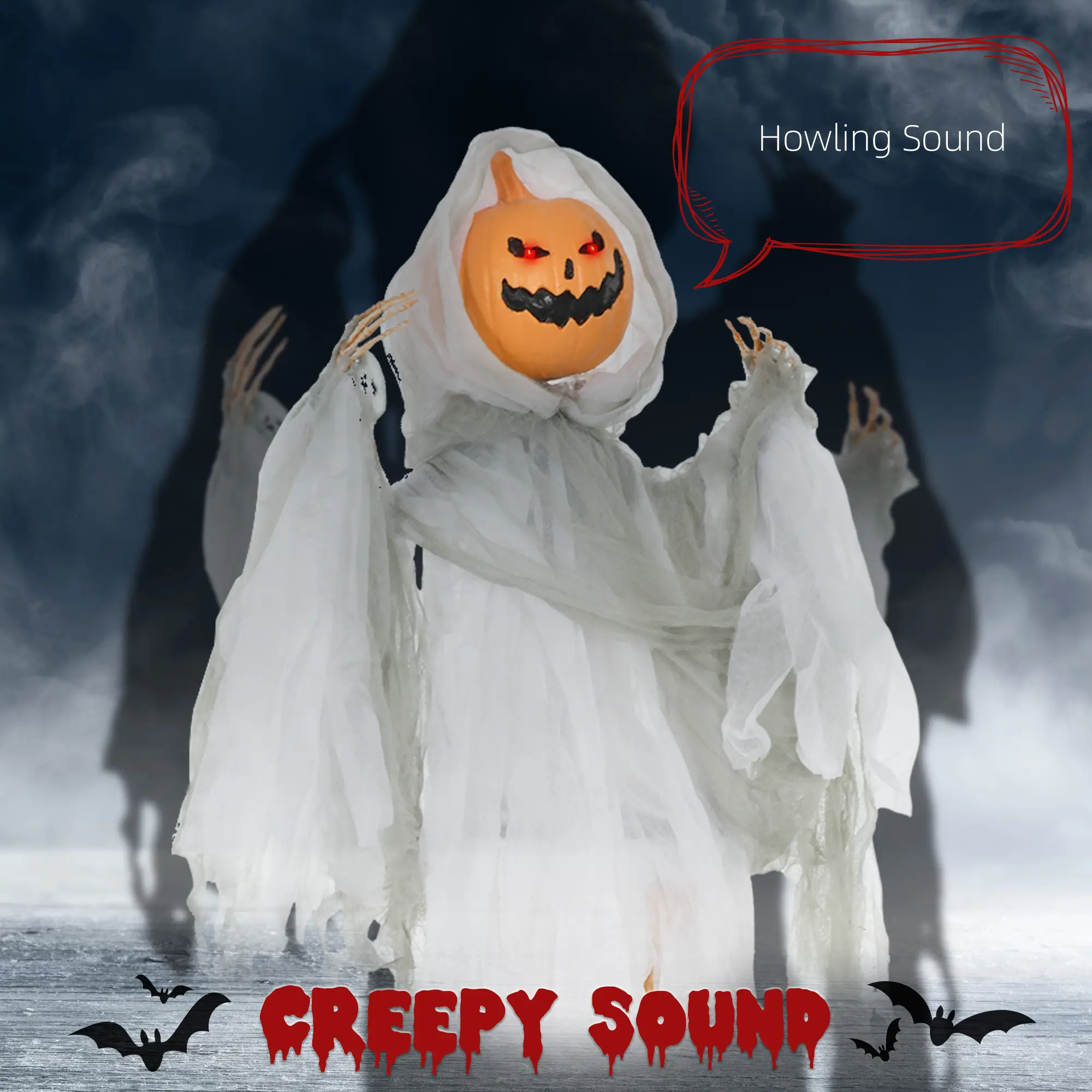 3.9 Outdoor Halloween Hanging Pumpkin Ghost w/ Light Up Eyes, Sound Activated Prop w/ Creepy Howling Sounds