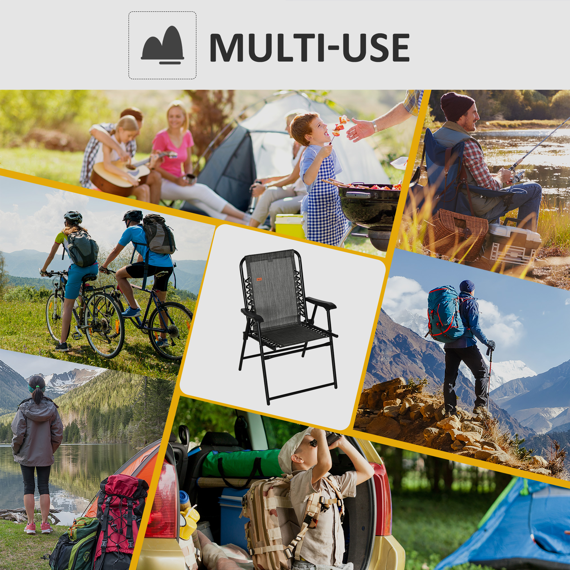 Patio Folding Chair, Outdoor Bungee Sling Chair w/ Armrests, Portable Lawn Chair for Camping, Garden, Pool, Beach, Backyard, Gray