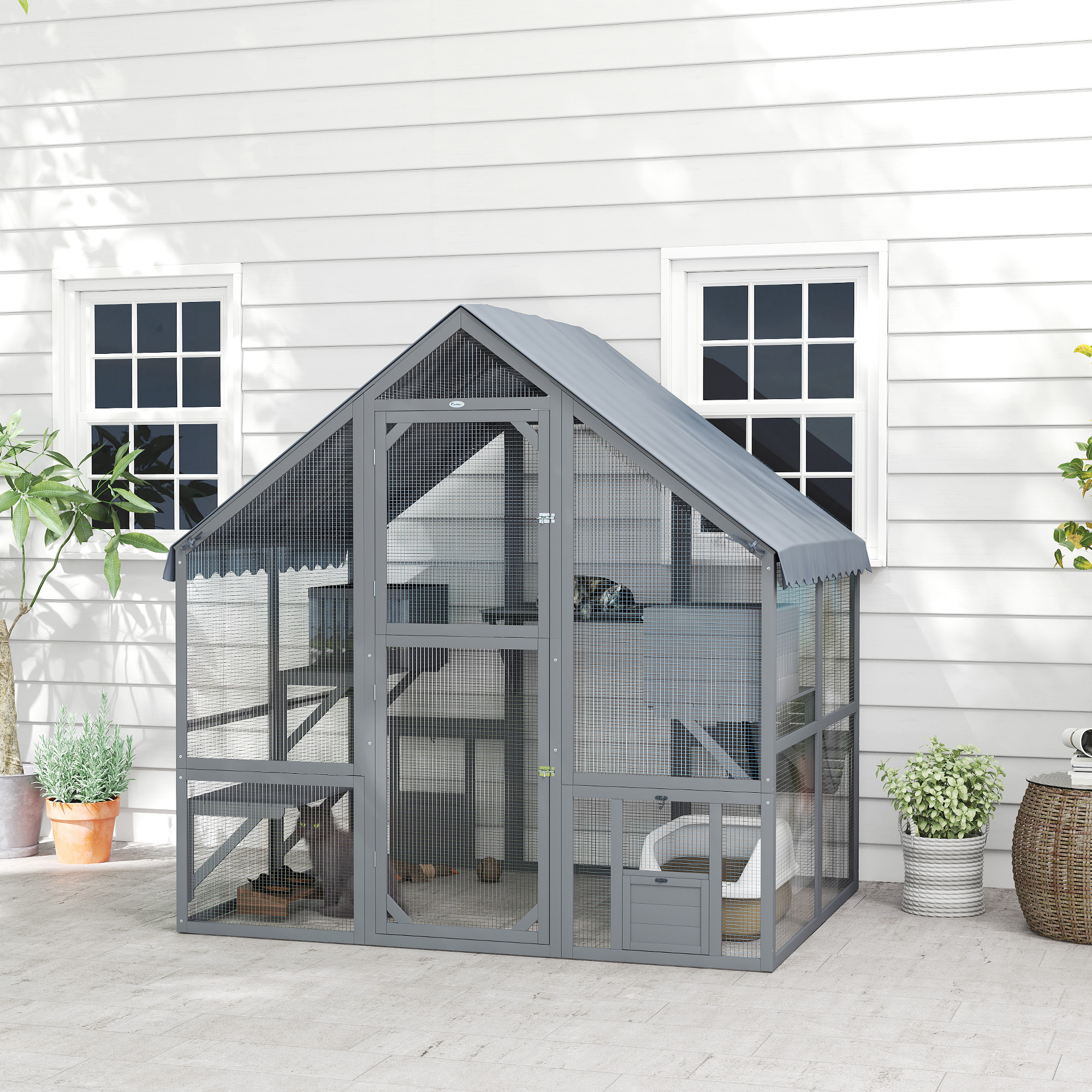  Wooden Catio Outdoor Cat Enclosure with Waterproof Cover, 2 Condos, 4 Platforms, Bridge, Doors, Gray