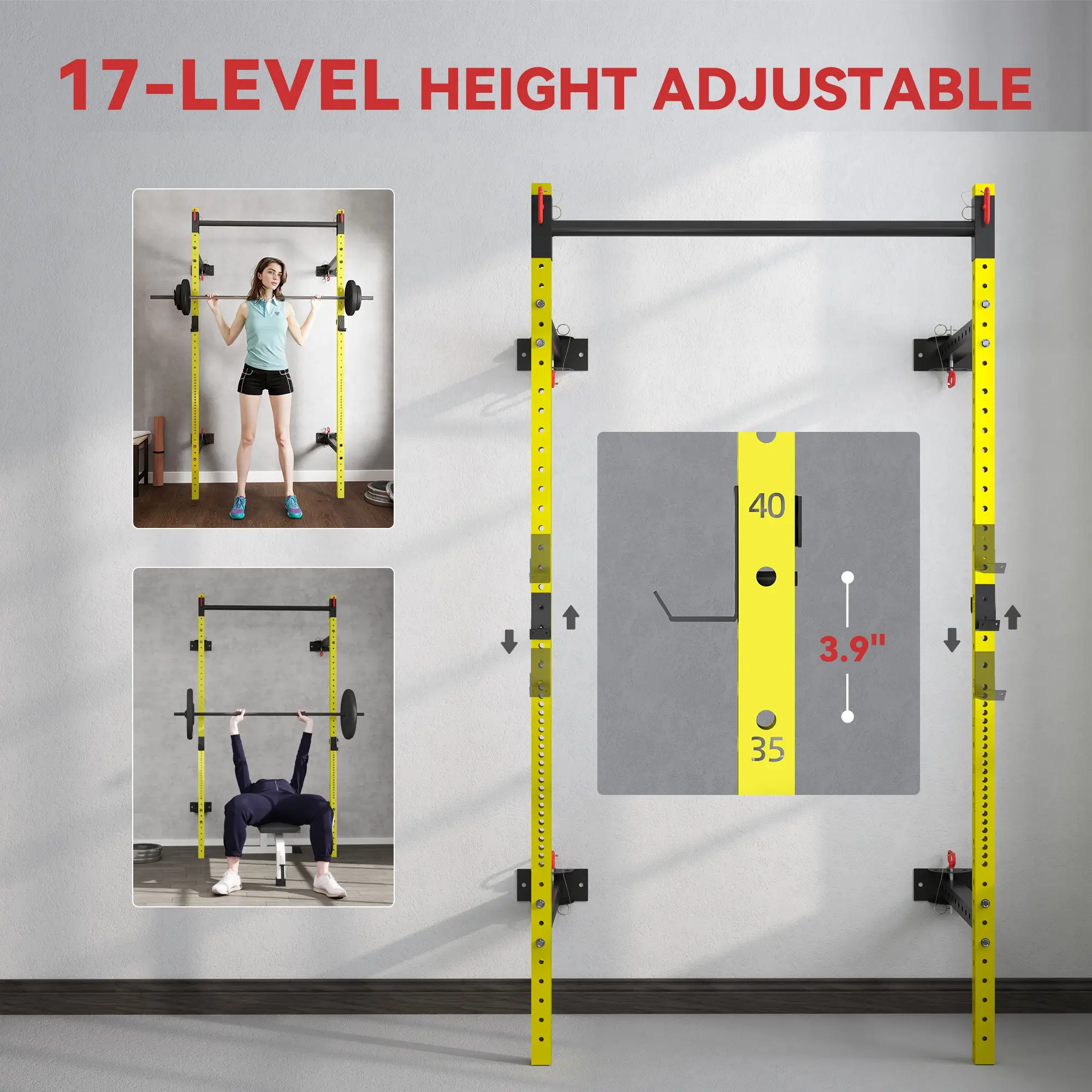 Folding Squat Rack with Pull Up Bar, Wall Mounted and Adjustable, 1000 Pounds Capacity Power Rack, Yellow