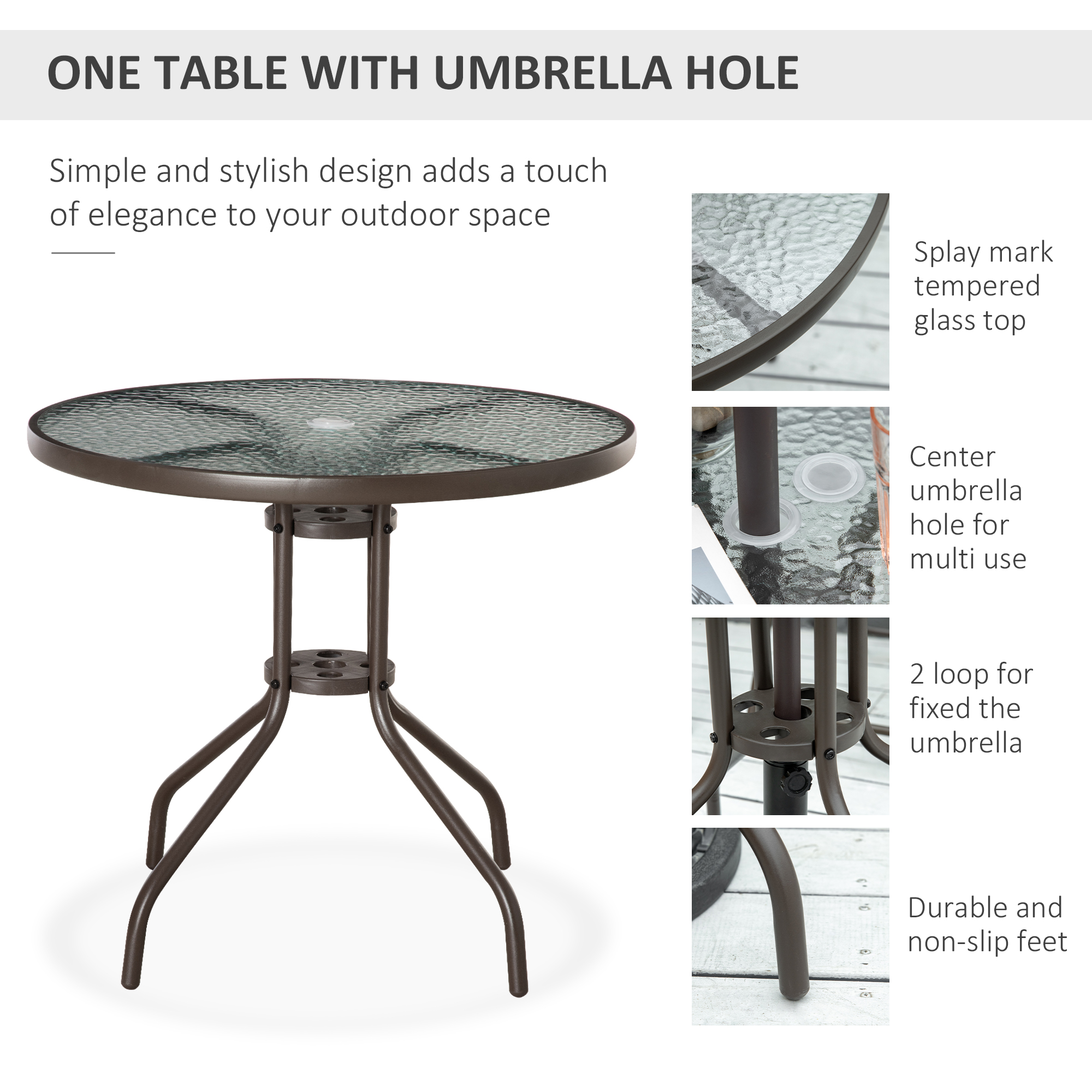 6 Piece Patio Dining Set for 4 with Umbrella, with 4 Folding Dining Chairs & Round Glass Table for Garden, Gray