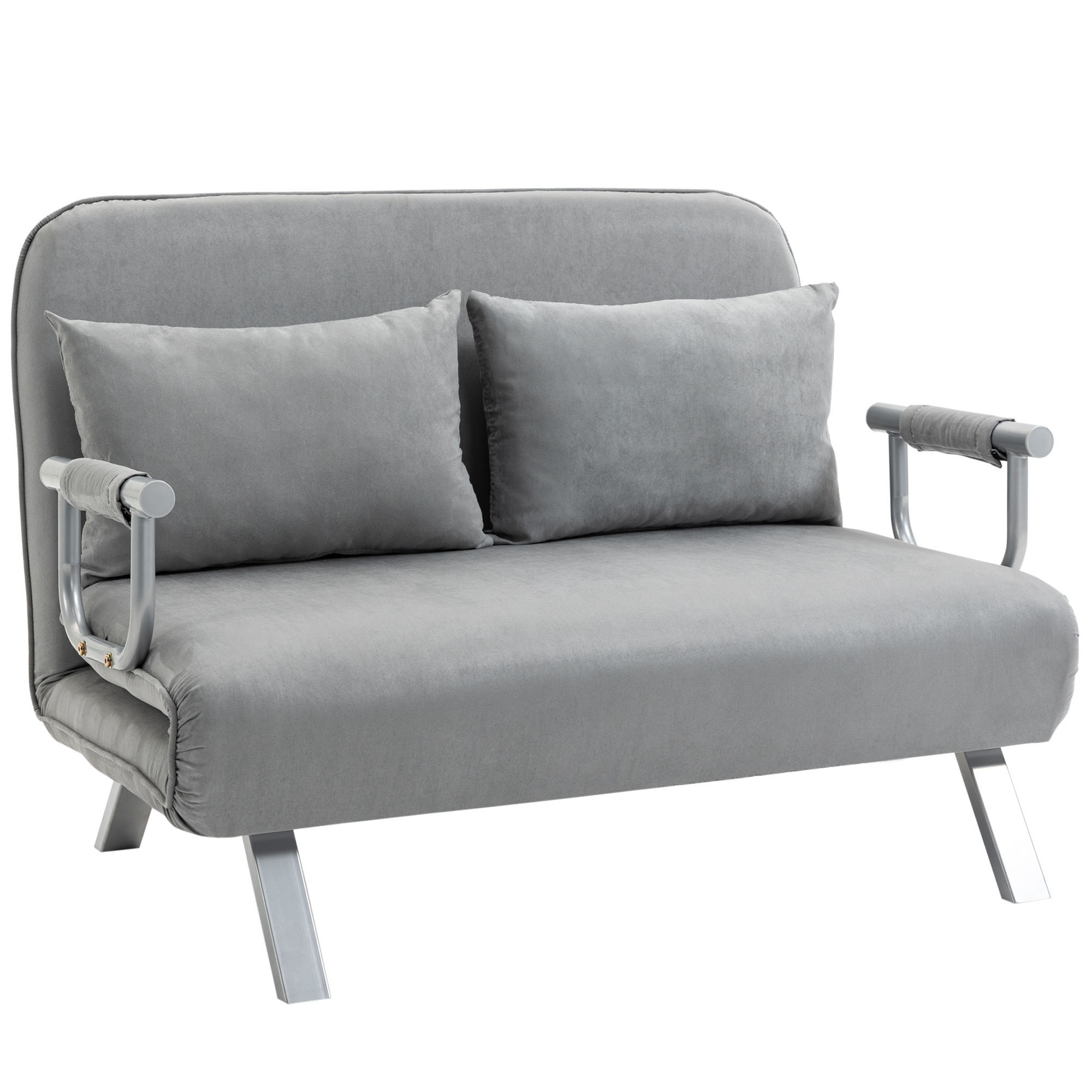 Light grey click-clack 2-seater sofa bed in faux suede with two matching pillows