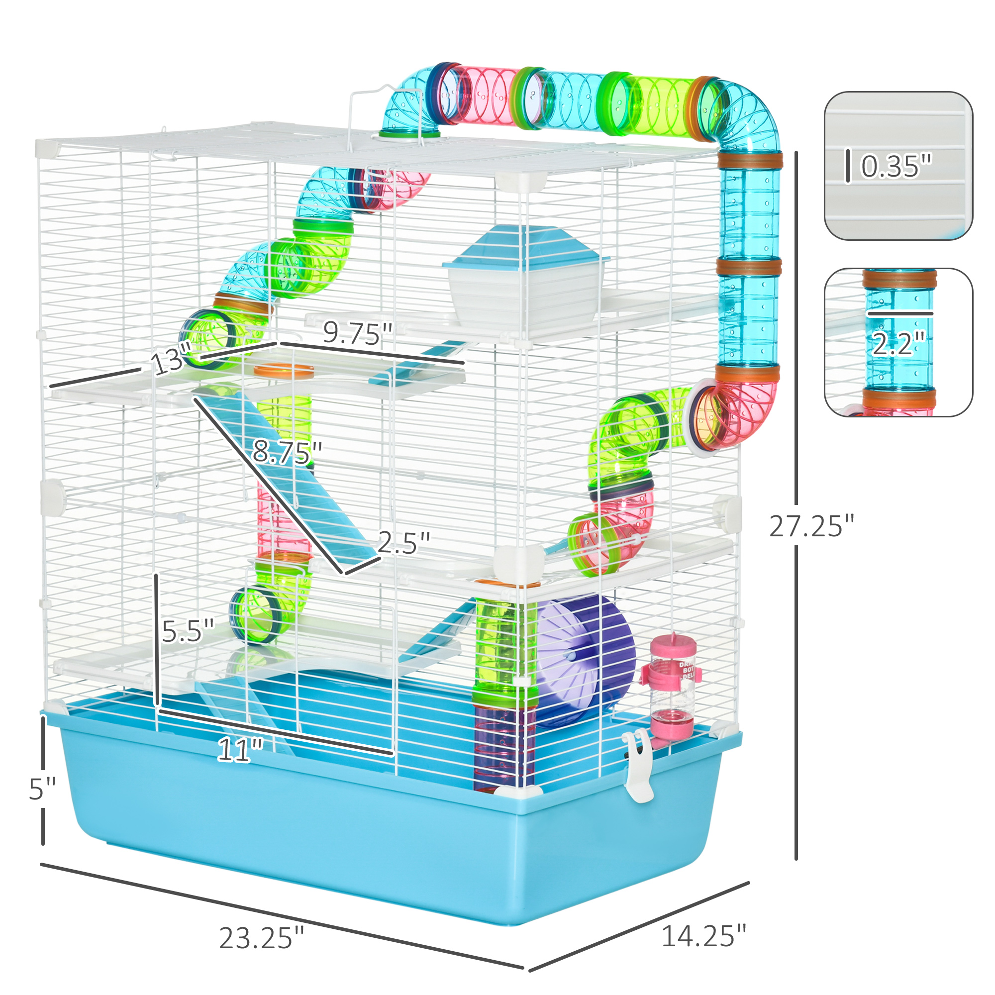  Extra Large 23" Hamster Cage with Tubes and Tunnels, Portable Carry Handles, Rat House and Habitats Big 5-Tier Design, Mouse Cage Includes Exercise Wheel, Water Bottle, Food Dish, Light Blue