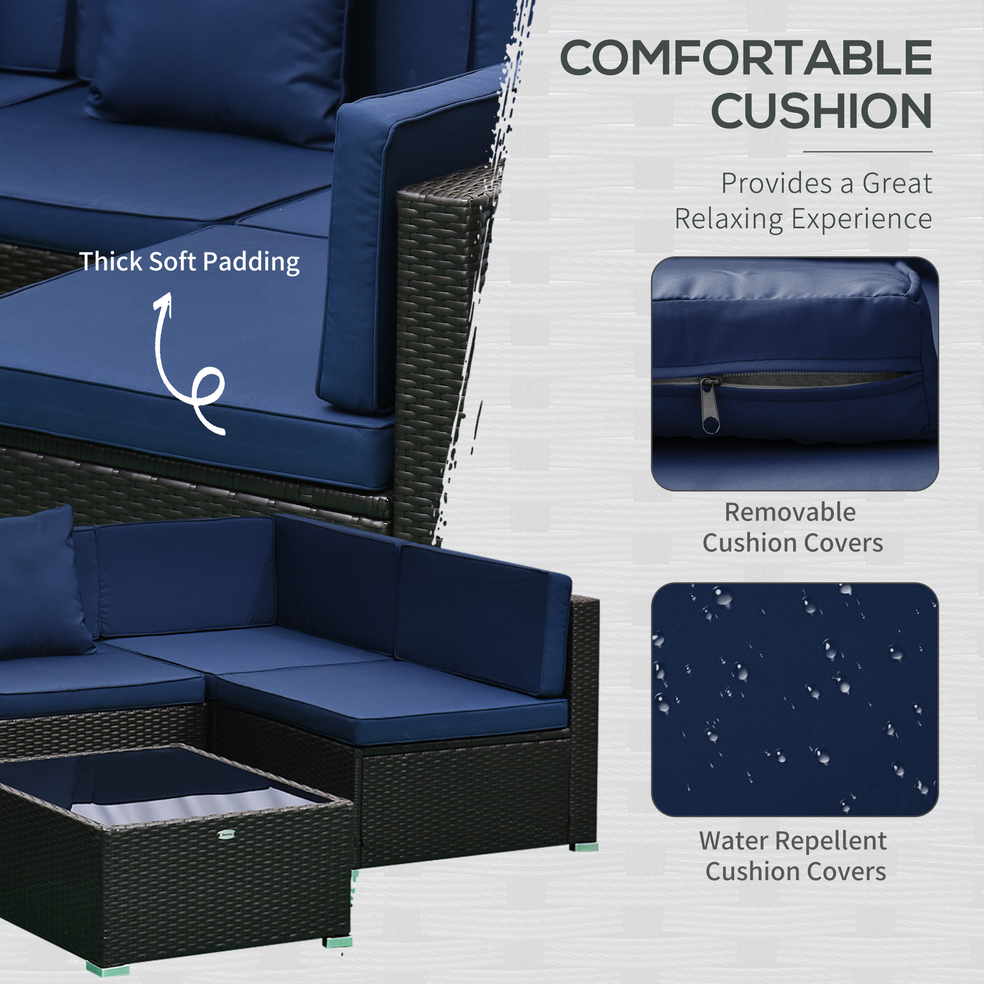 7-Piece Outdoor Wicker Patio Set, Tempered Glass Coffee Table, Cushions, for Family Backyard, Dark Blue