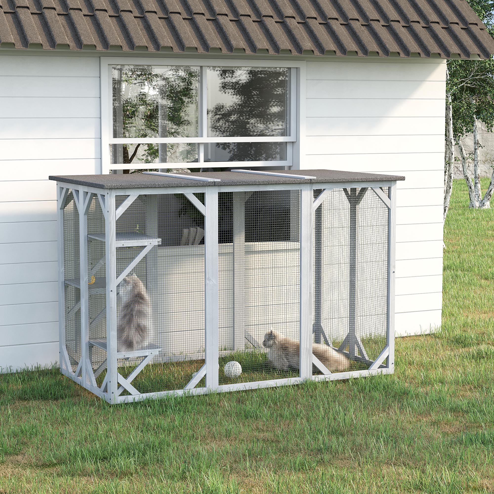  71" x 32" x 44" Large Wooden Outdoor Cat Enclosure Catio Cage With 3 Platforms, Gray