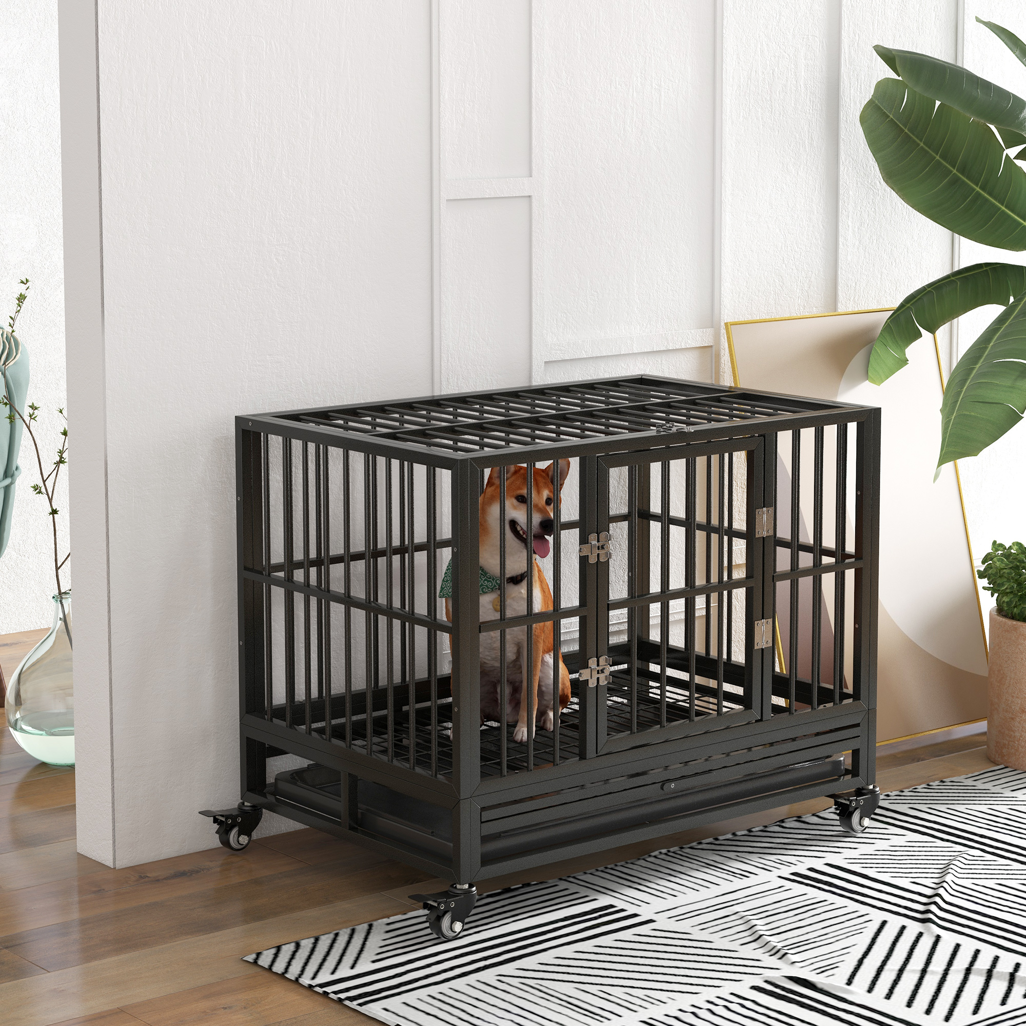  36" Heavy Duty Dog Crate Metal Cage Kennel with Lockable Wheels, Double Door and Removable Tray, Gray