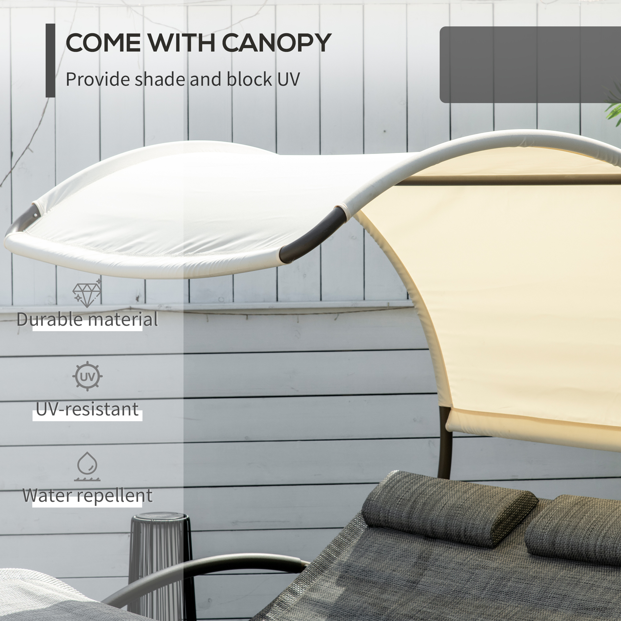  Outdoor Double Chaise Rocking Chair, Day Bed Sun Lounger with Canopy Shade, Headrest Pillow, Armrests for Garden, Poolside, Light Gray