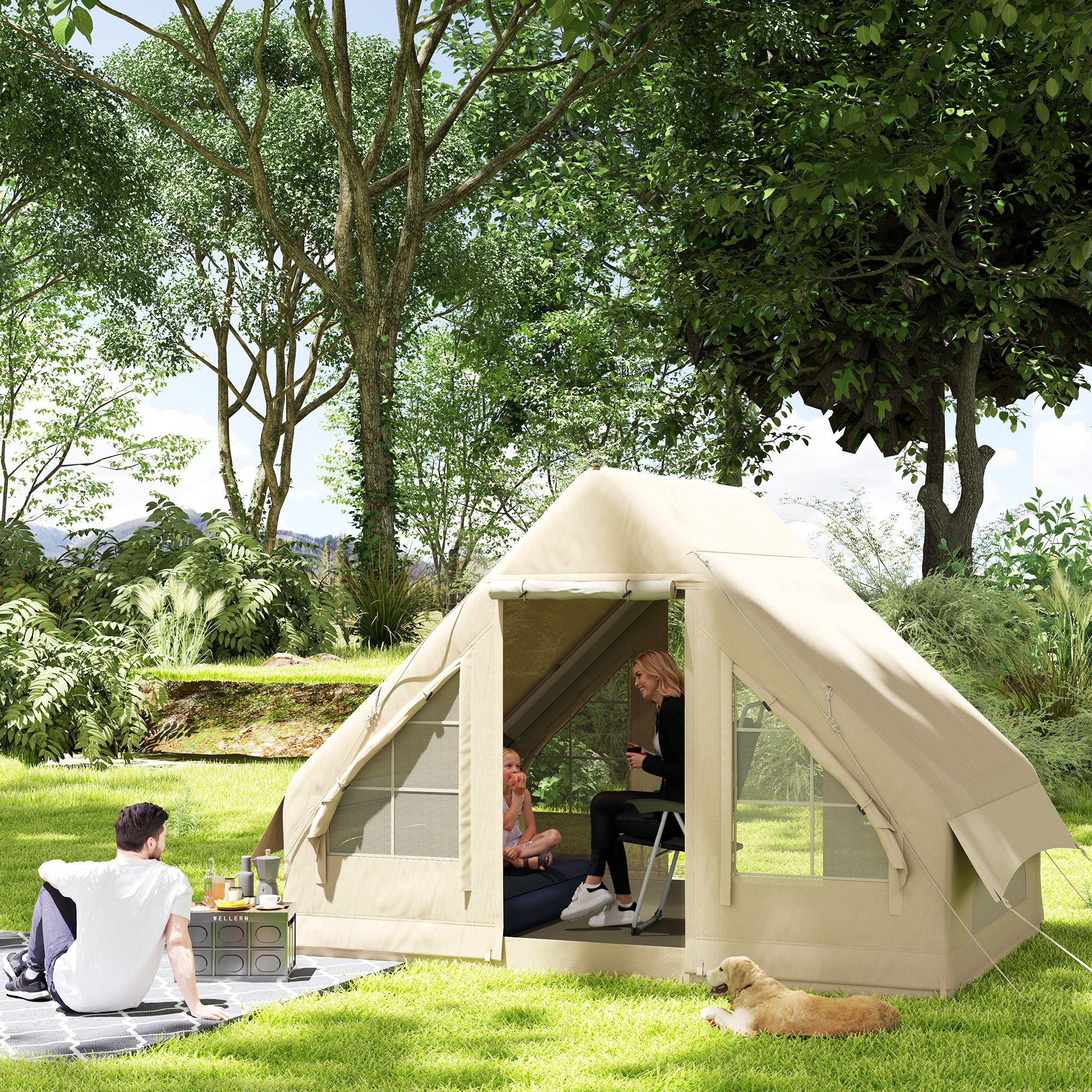 Inflatable Camping Tent with Hand Pump, 4 Season Blow Up Tent, Waterproof and Windproof with Mesh Windows and Doors