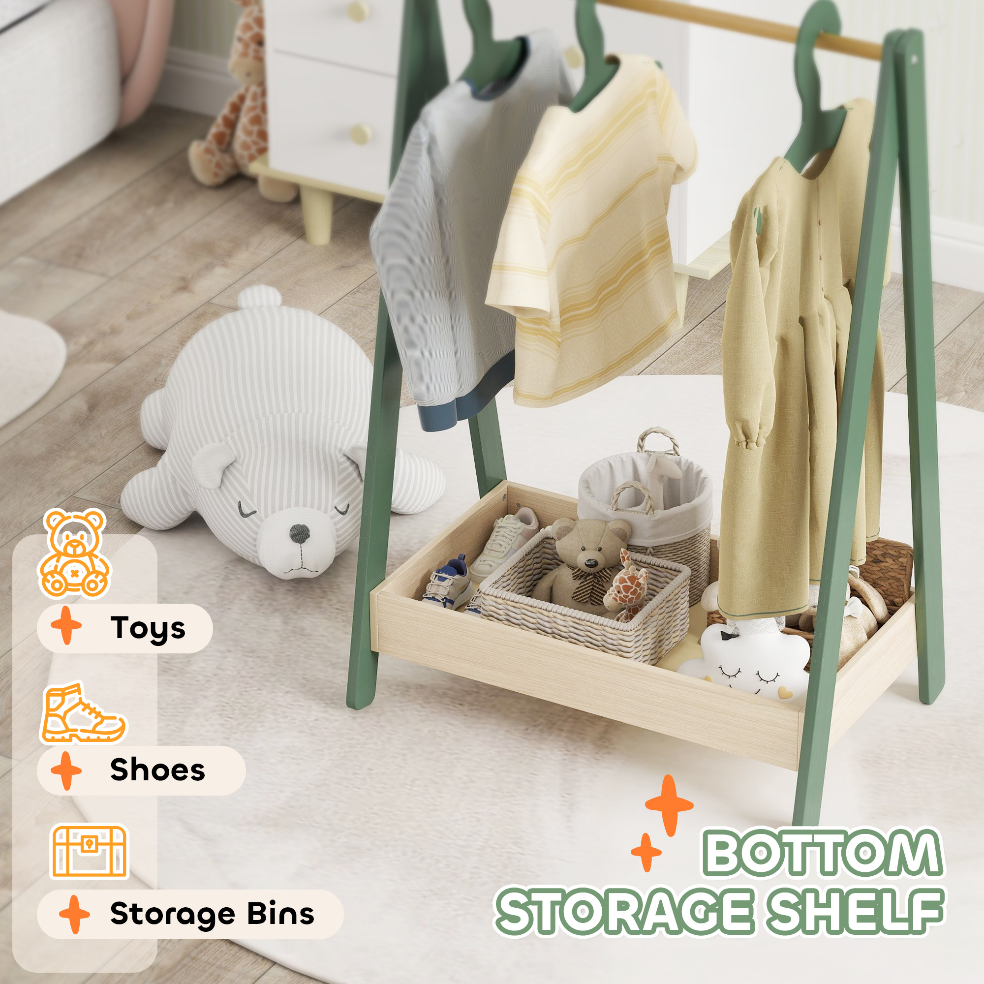 Kids Clothes Rail With 3Hangers, Bottom Storage Shelf For Girls, Boys, Nursery — image 3