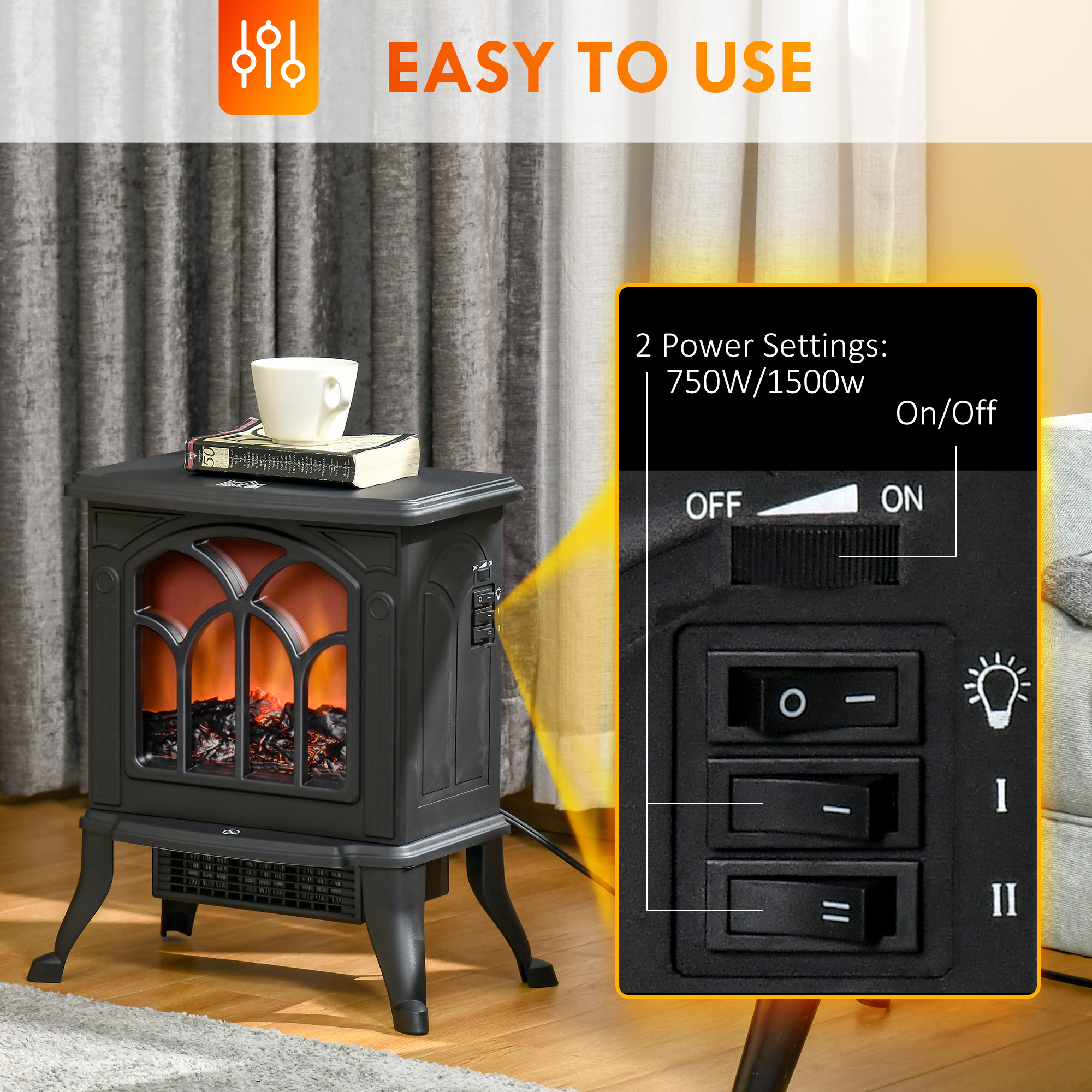  Electric Fireplace Heater, Freestanding Fireplace Stove with Realistic Logs and Flame Effect, 750W/1500W, Black image 4