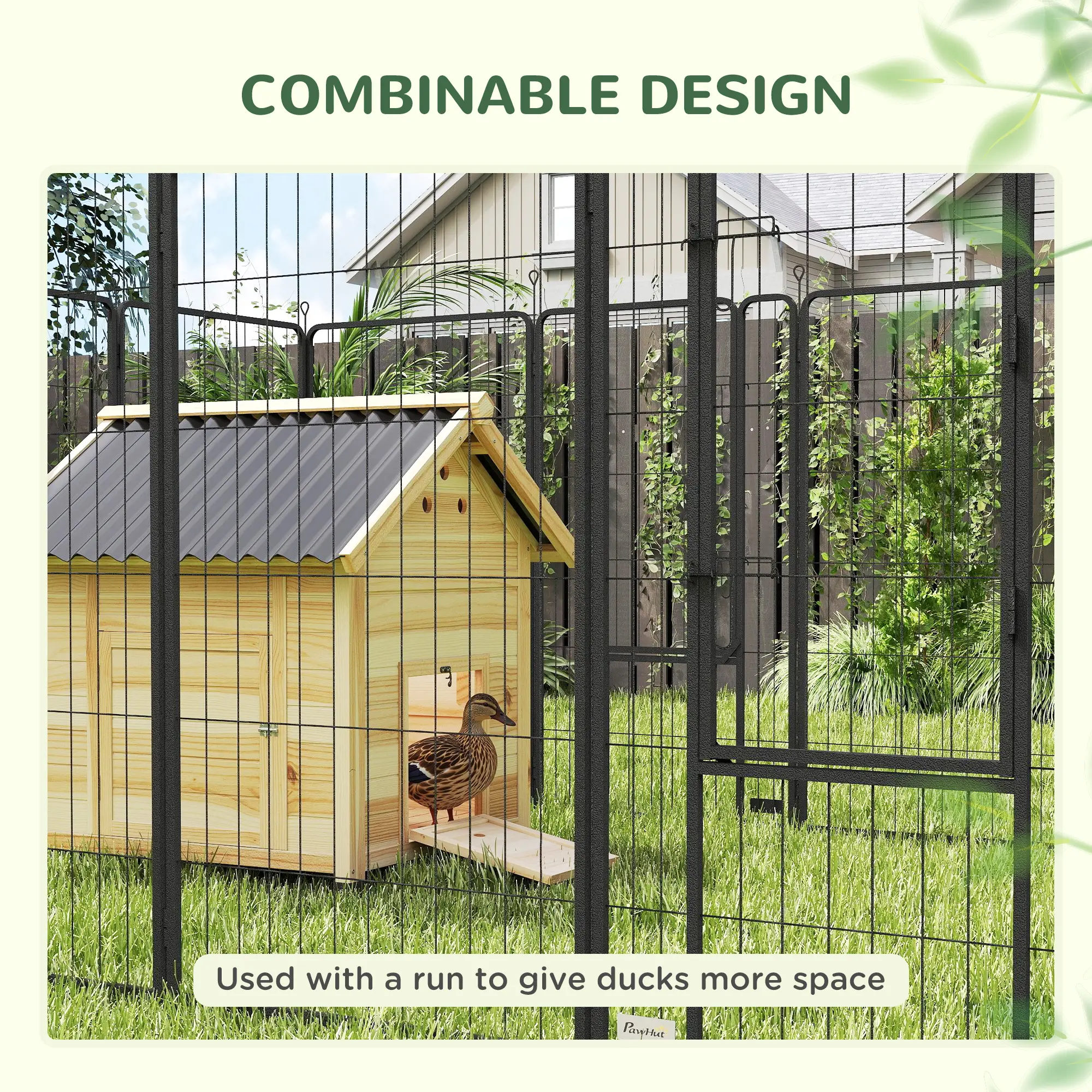 Duck Coop, Wooden Duck House with Openable Roof & Double Doors, Natural Wood