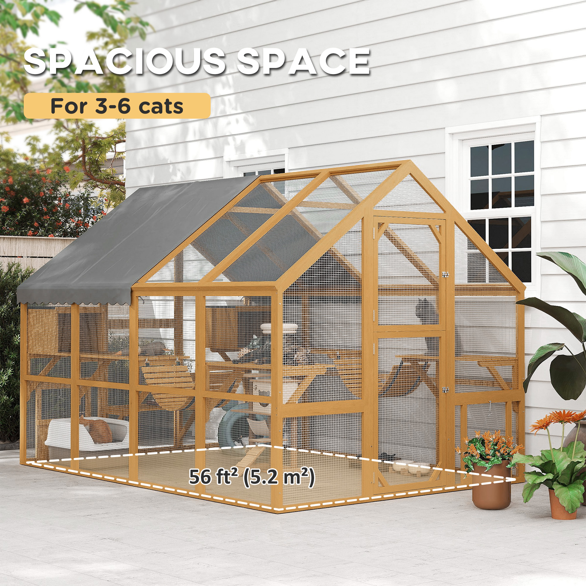  Wooden Catio Outdoor Cat Enclosure, Large Cat House with Waterproof Cover, 2 Condos, 6 Platforms, Bridge, Doors, Yellow