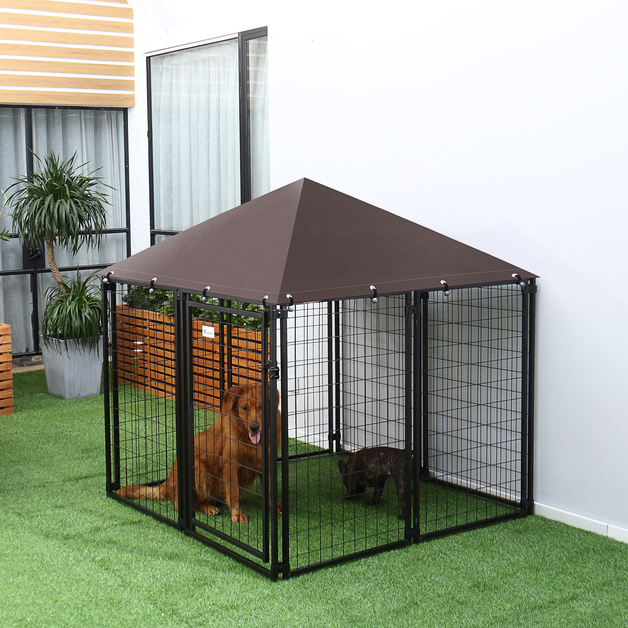4.6 x 4.6 x 5 Outdoor Dog Kennel, Welded Wire Heavy Duty Dog Run, Dog Kennel Outside with Waterproof & UV Resistant Cover, for S&M Dogs, Black