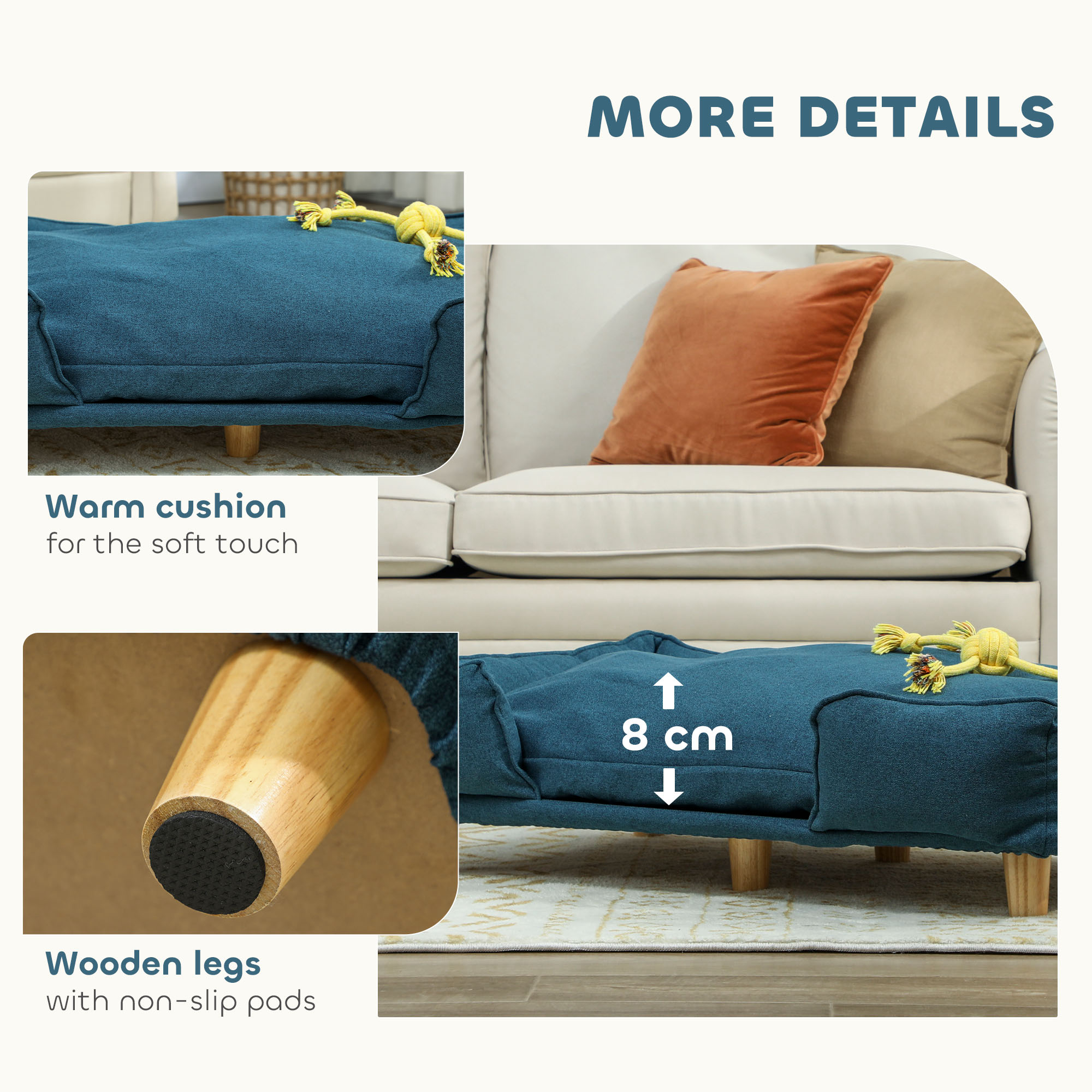  Raised Dog Couch with Comfortable Cushion, Pine Wood Legs, Foot Pads for Large-Sized Dogs Indoor Use, Dark Blue