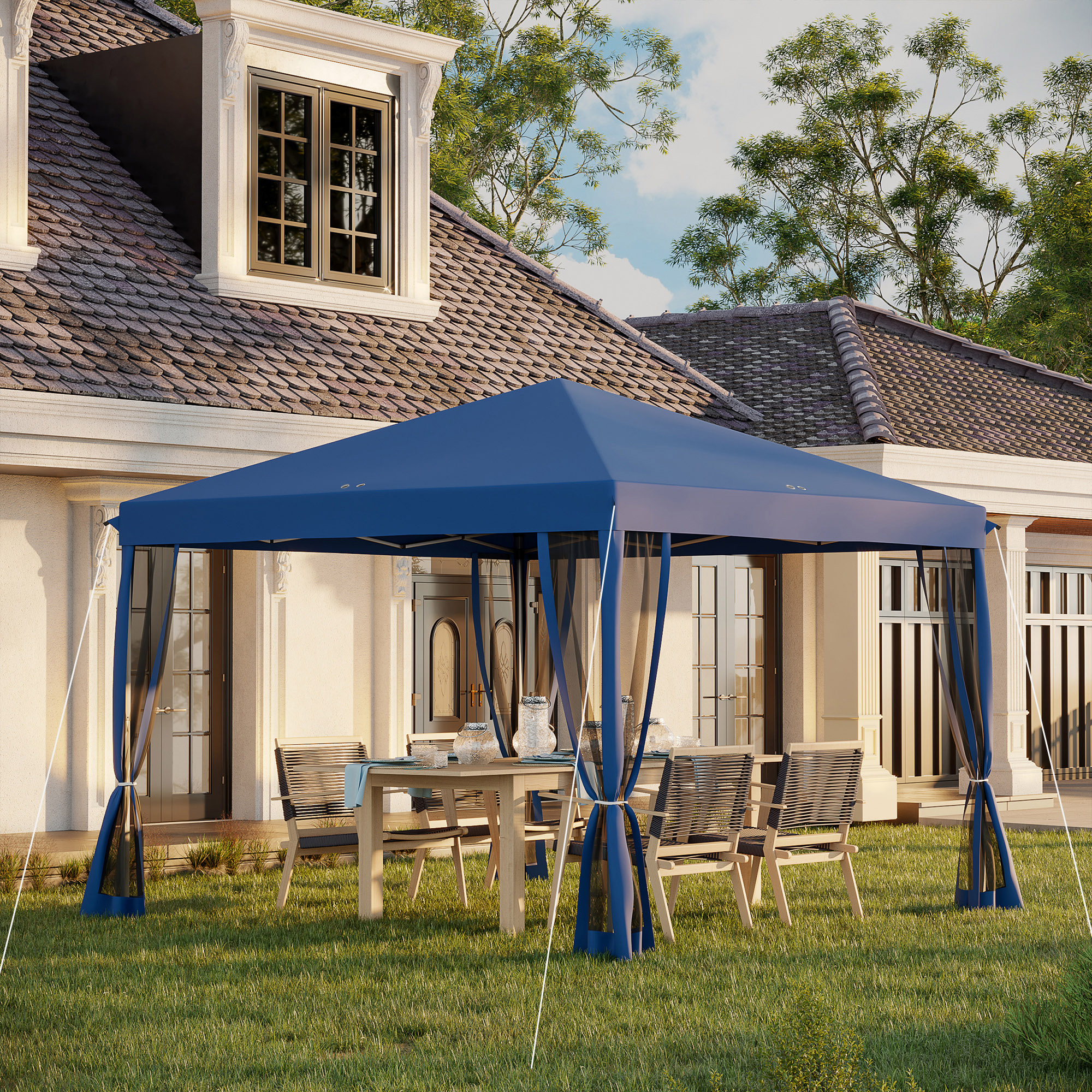 10 x 10 Pop Up Canopy Tent with Netting, Instant Gazebo, Screen House Room with Carry Bag, Height Adjustable, for Outdoor, Garden, Patio, Camping, Blue