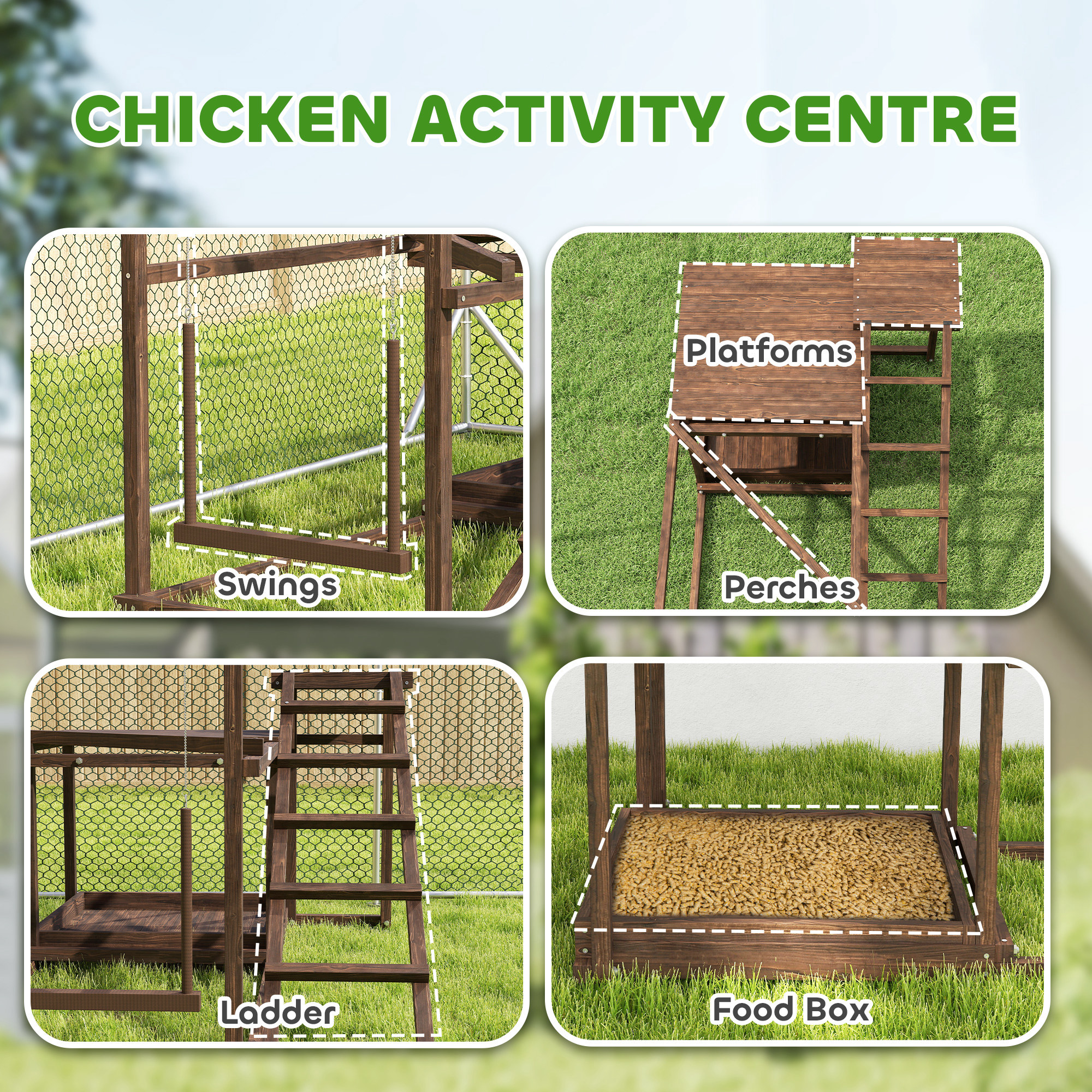  Wooden Chicken Activity Play Set with Perch, Swing, Ladder, Platforms, Feeder Storage, Coffee
